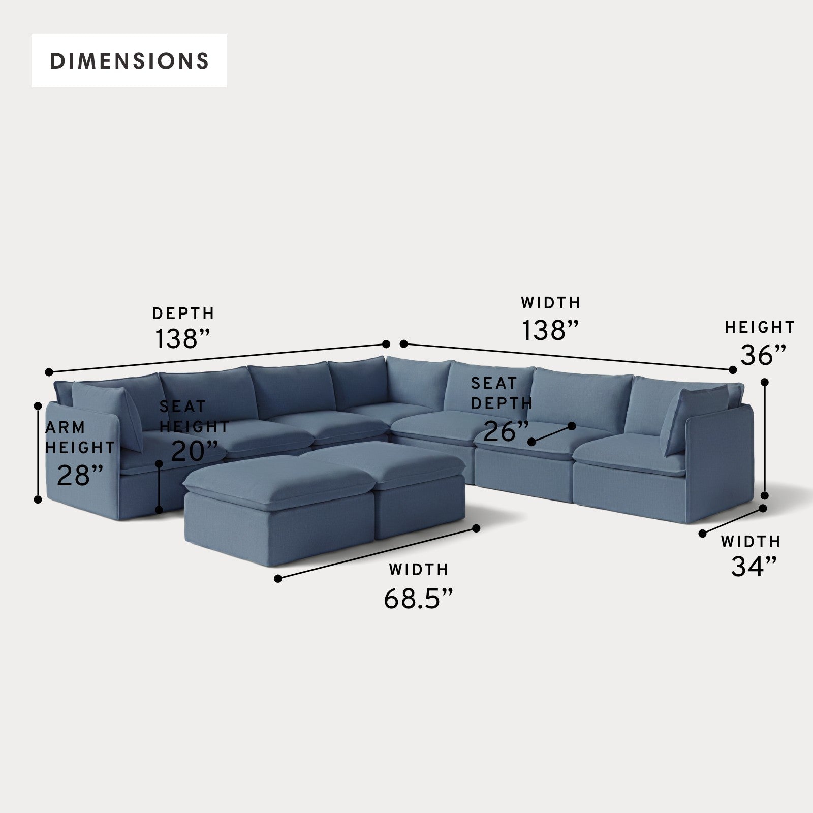 Modular Outdoor Washable 7-Seater Corner Sectional  + Bench Ottoman | Classic Canvas in Ocean