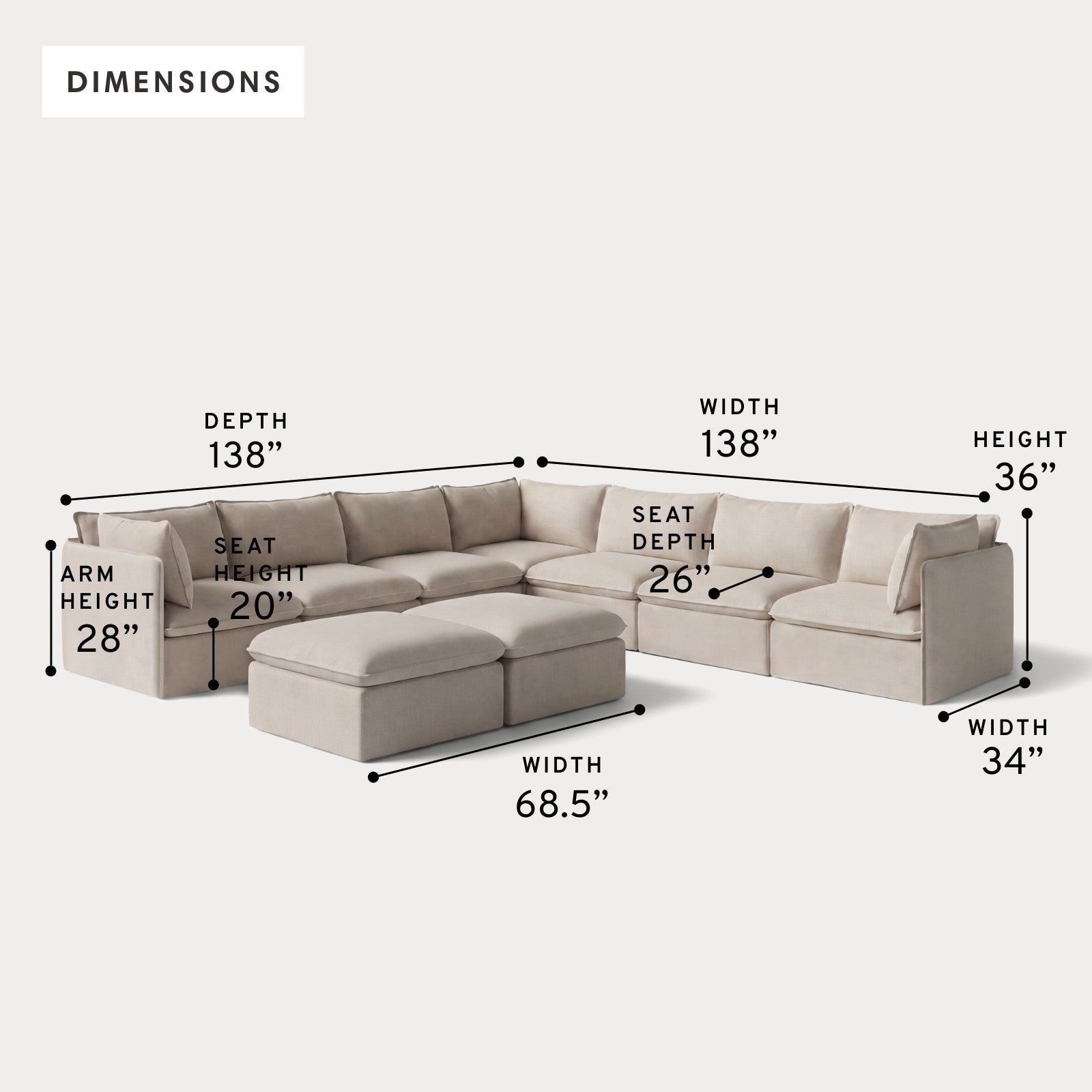 Modular Outdoor Washable 7-Seater Corner Sectional  + Bench Ottoman | Classic Canvas in Sand