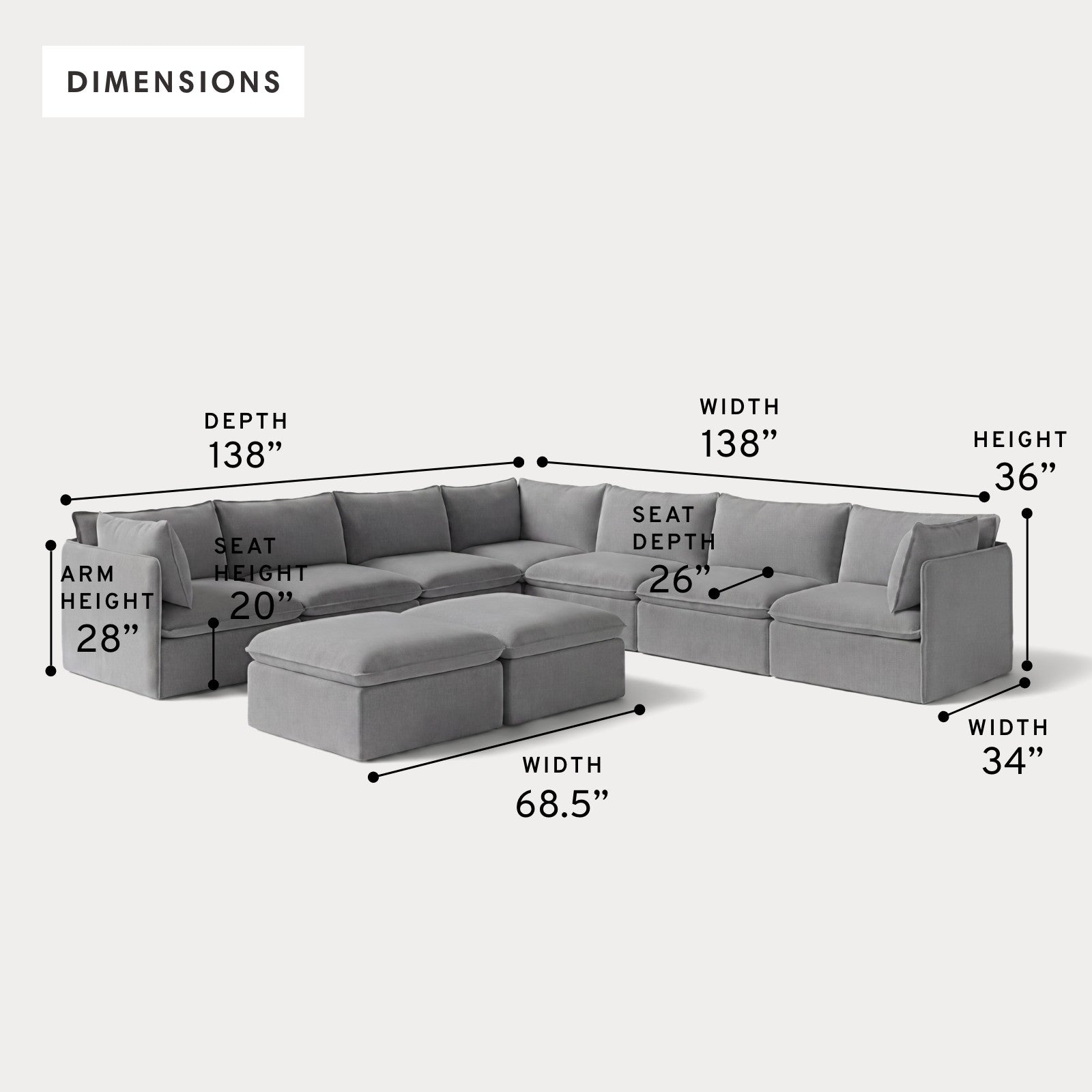 Modular Outdoor Washable 7-Seater Corner Sectional  + Bench Ottoman | Classic Canvas in Stone Gray