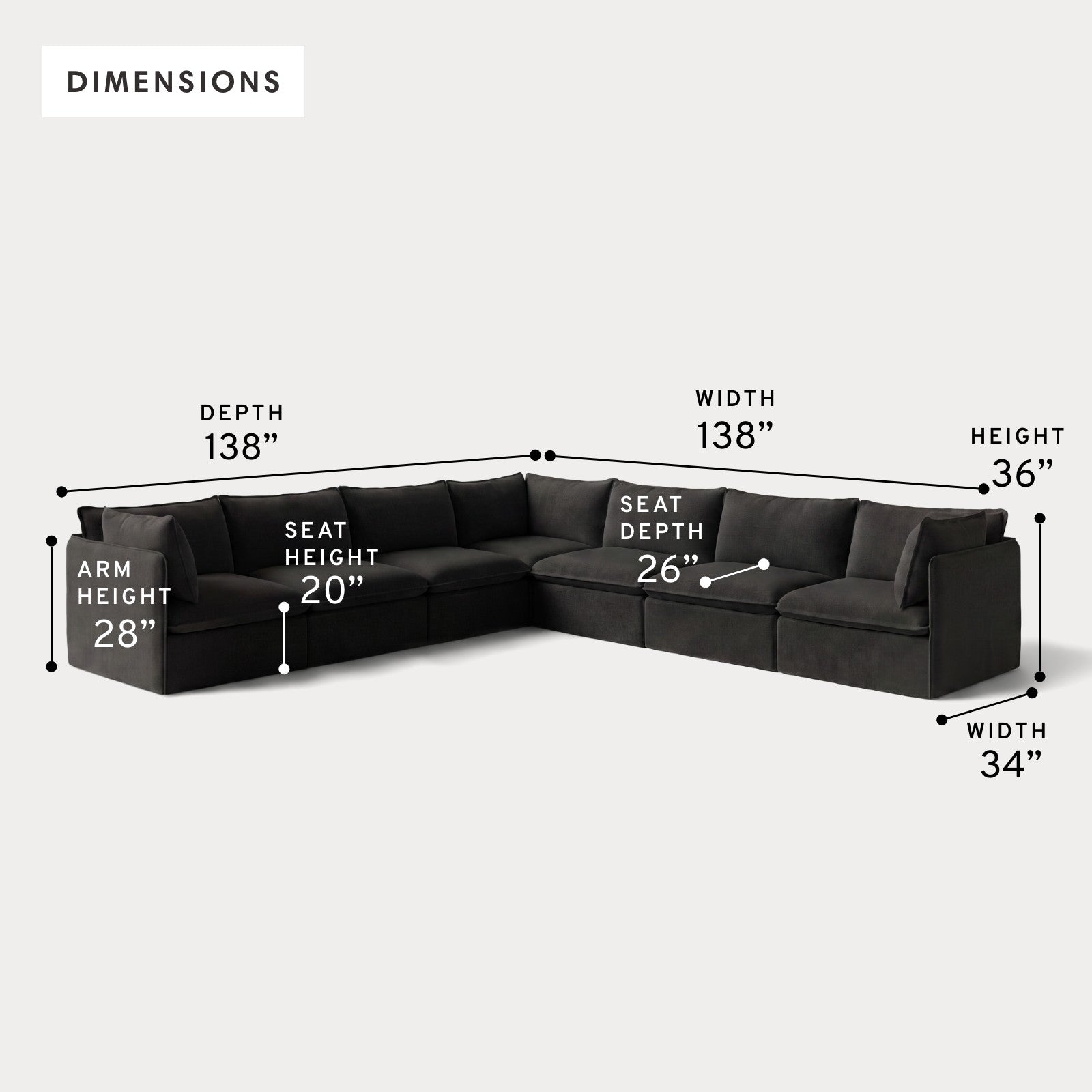 Modular Outdoor Washable 7-Seater Corner Sectional | Classic Canvas in Charcoal