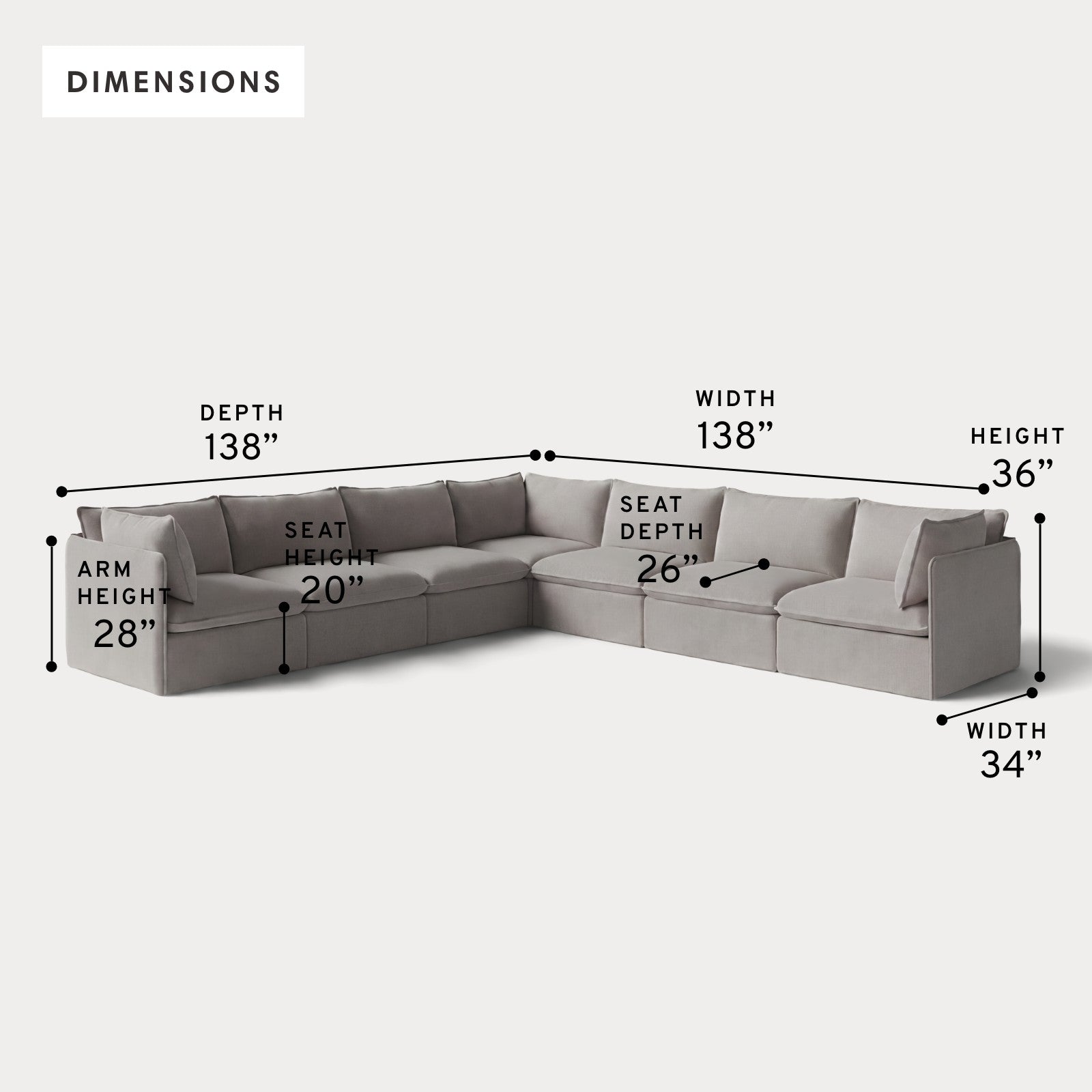 Modular Outdoor Washable 7-Seater Corner Sectional | Nano Slubweave in Haze Gray