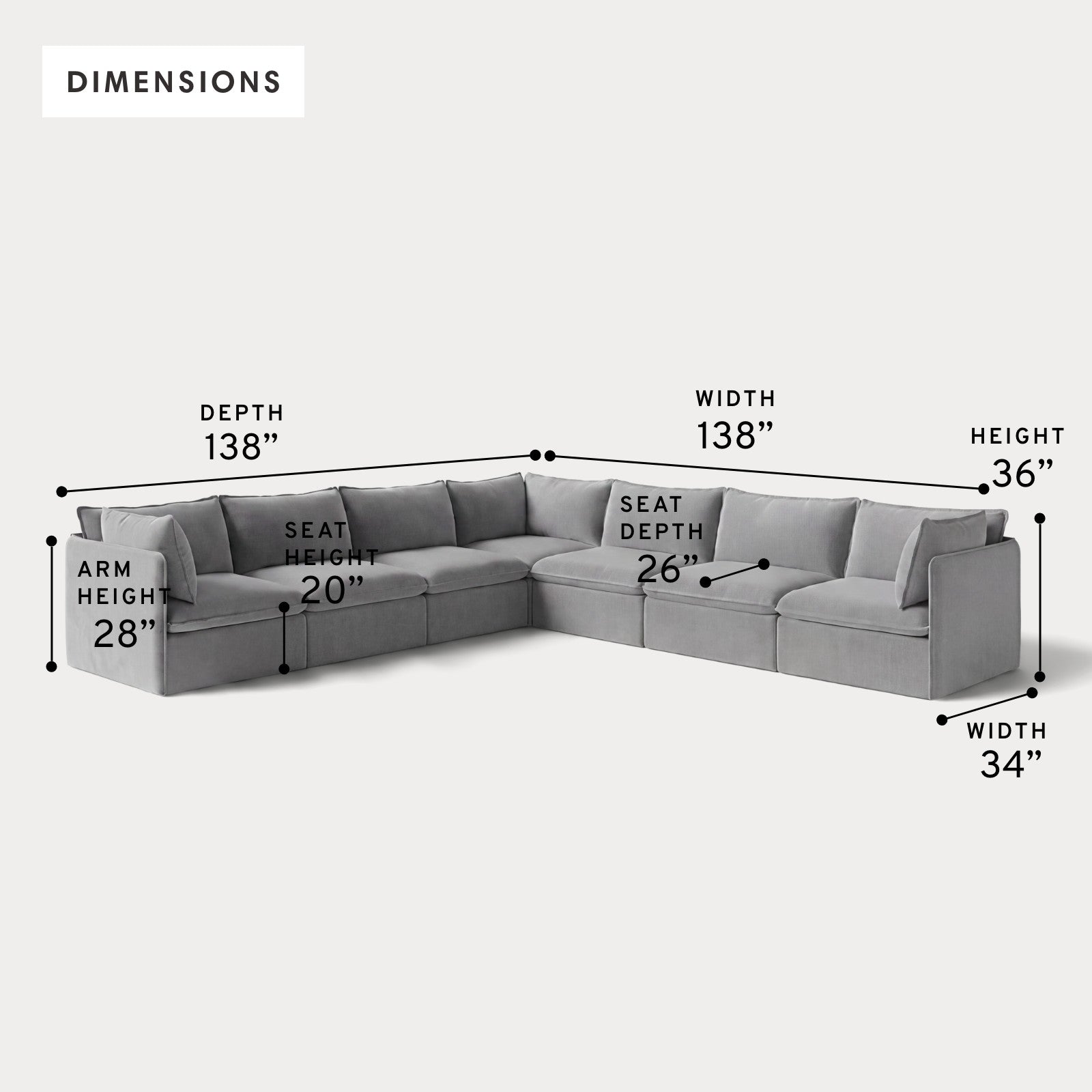 Modular Outdoor Washable 7-Seater Corner Sectional | Classic Canvas in Stone Gray