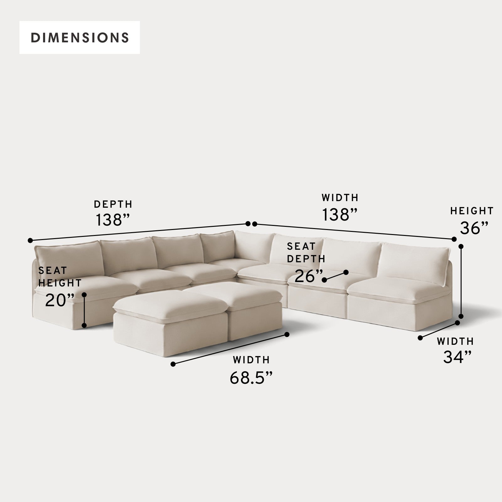 Modular Outdoor Washable 7-Seater Open-Ends Corner Sectional  + Bench Ottoman | Nano Slubweave in Chai