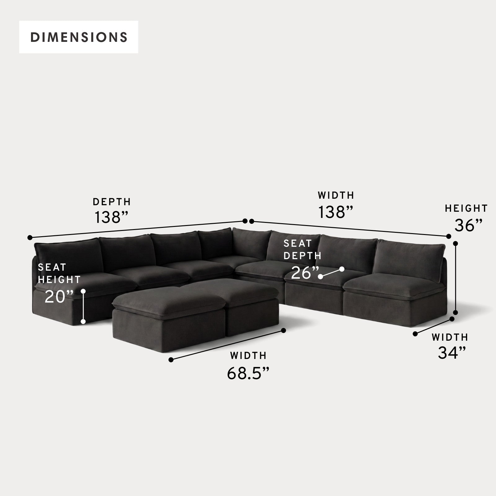 Modular Outdoor Washable 7-Seater Open-Ends Corner Sectional  + Bench Ottoman | Classic Canvas in Charcoal