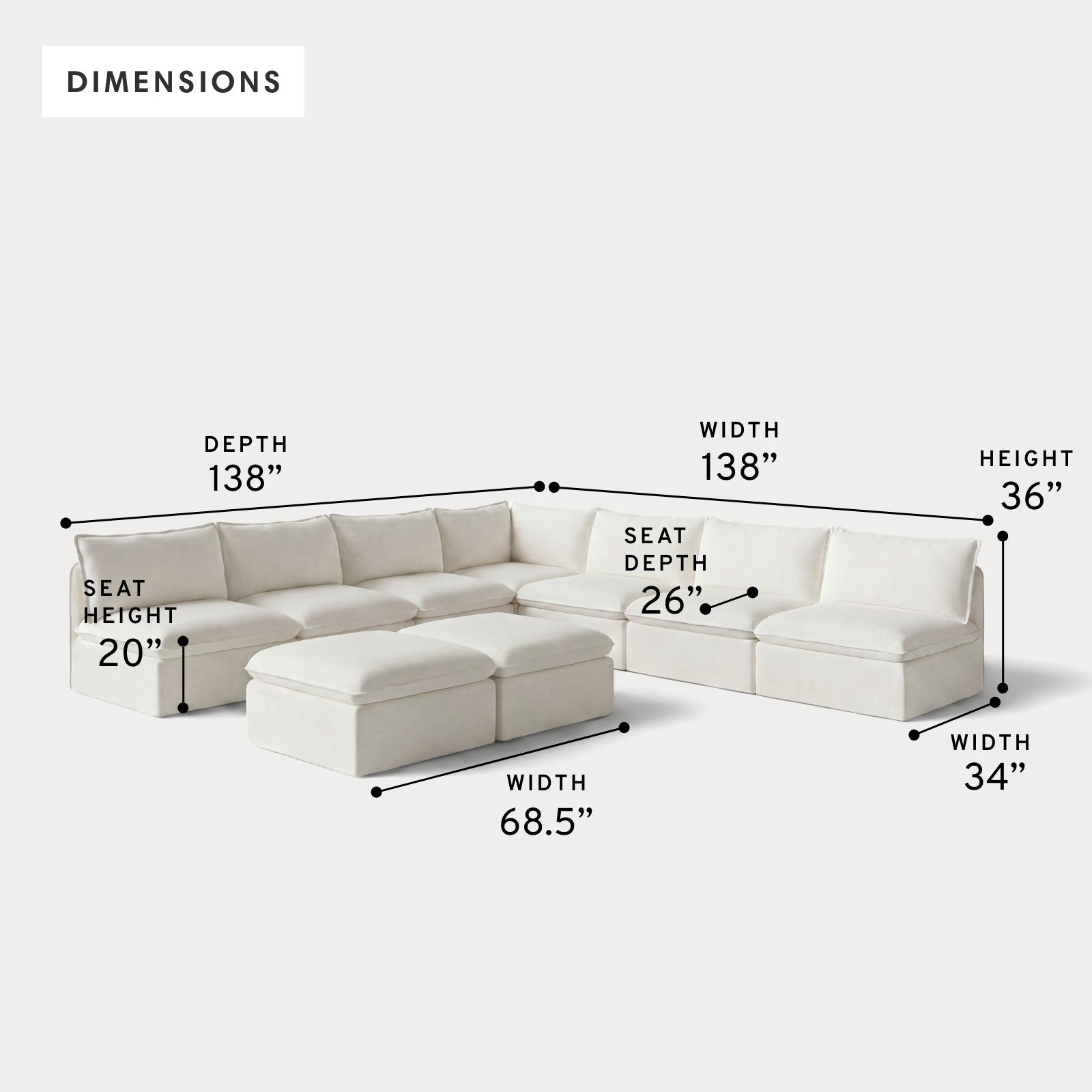 Modular Outdoor Washable 7-Seater Open-Ends Corner Sectional  + Bench Ottoman | Classic Canvas in Cloud