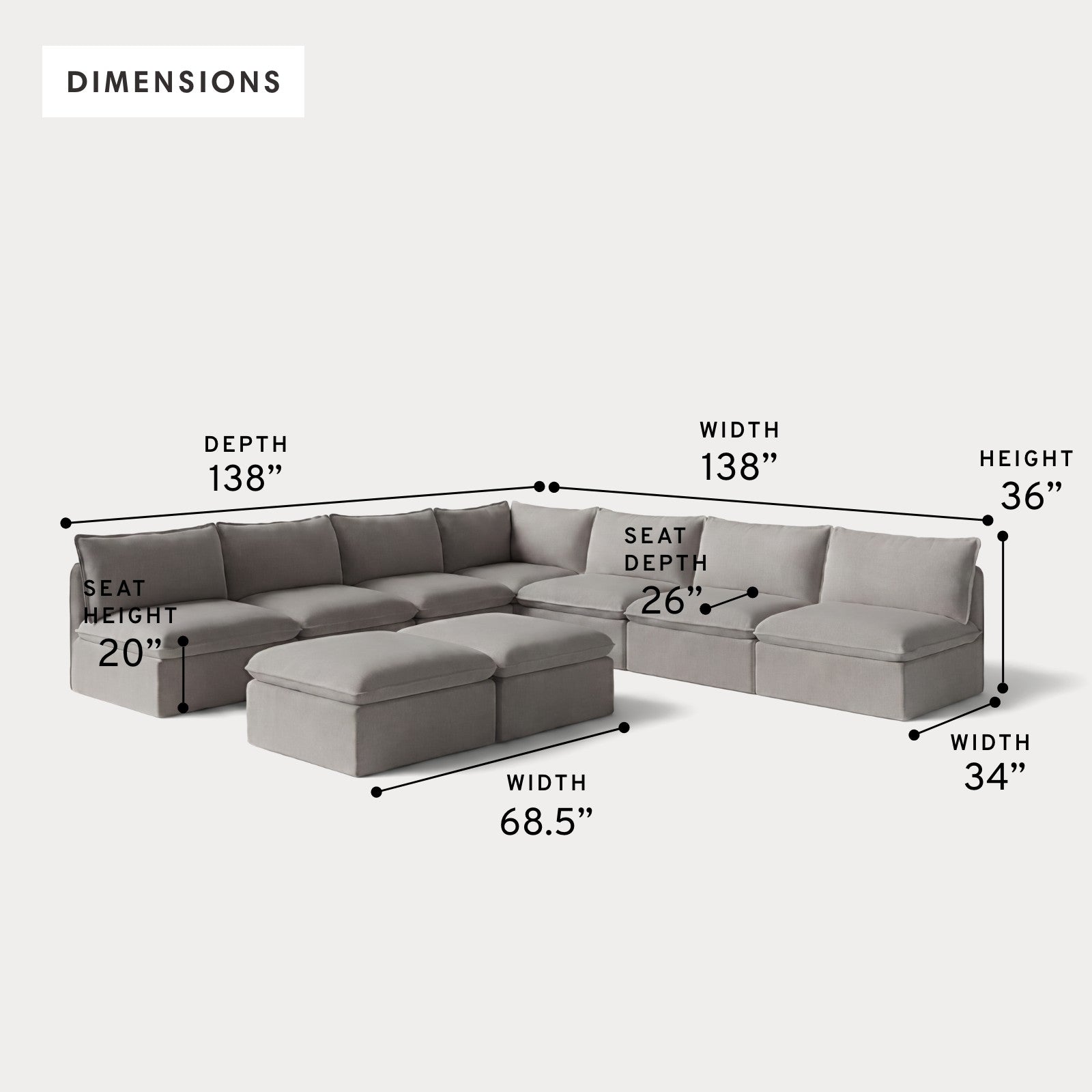 Modular Outdoor Washable 7-Seater Open-Ends Corner Sectional  + Bench Ottoman | Nano Slubweave in Haze Gray