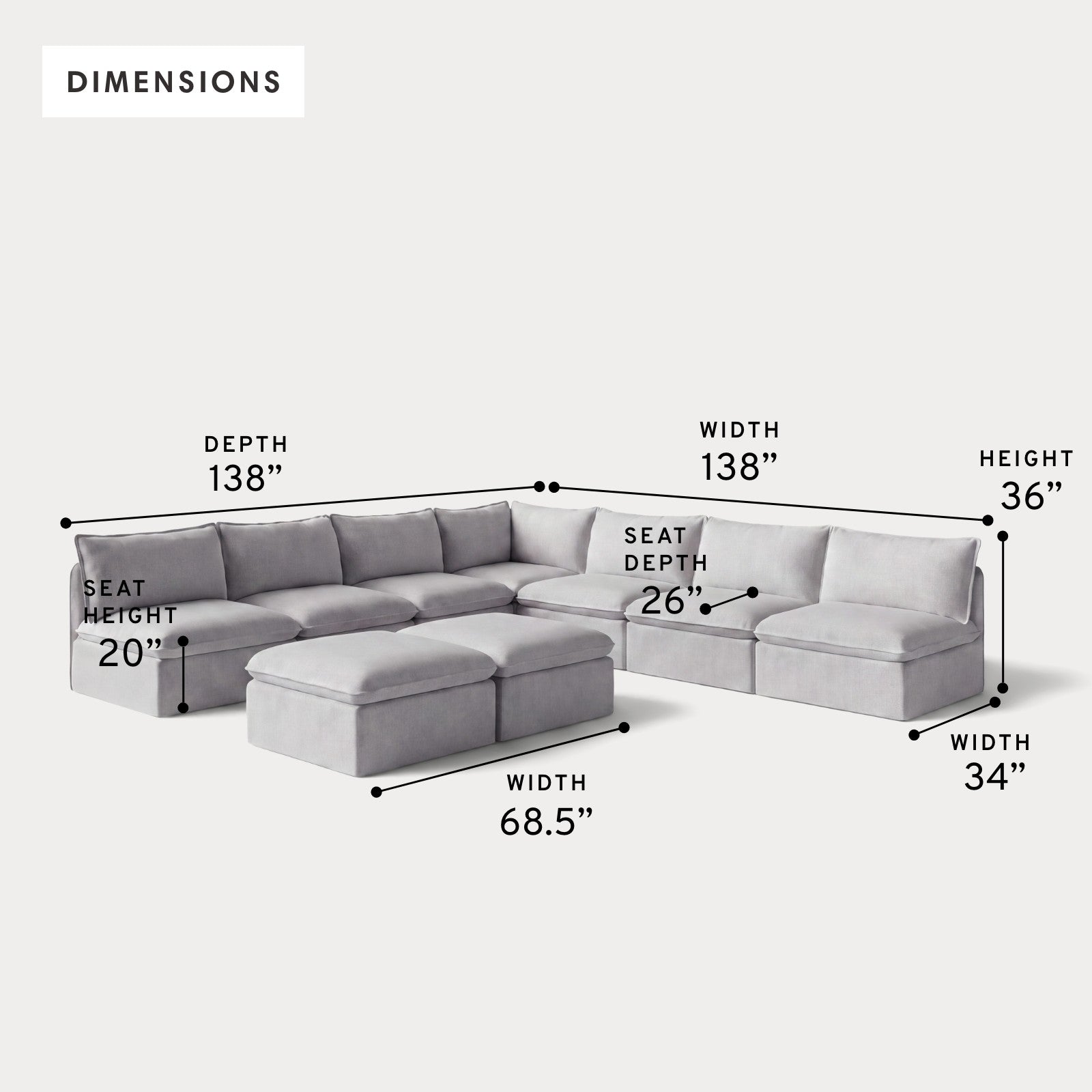 Modular Outdoor Washable 7-Seater Open-Ends Corner Sectional  + Bench Ottoman | Nano Slubweave in Mist