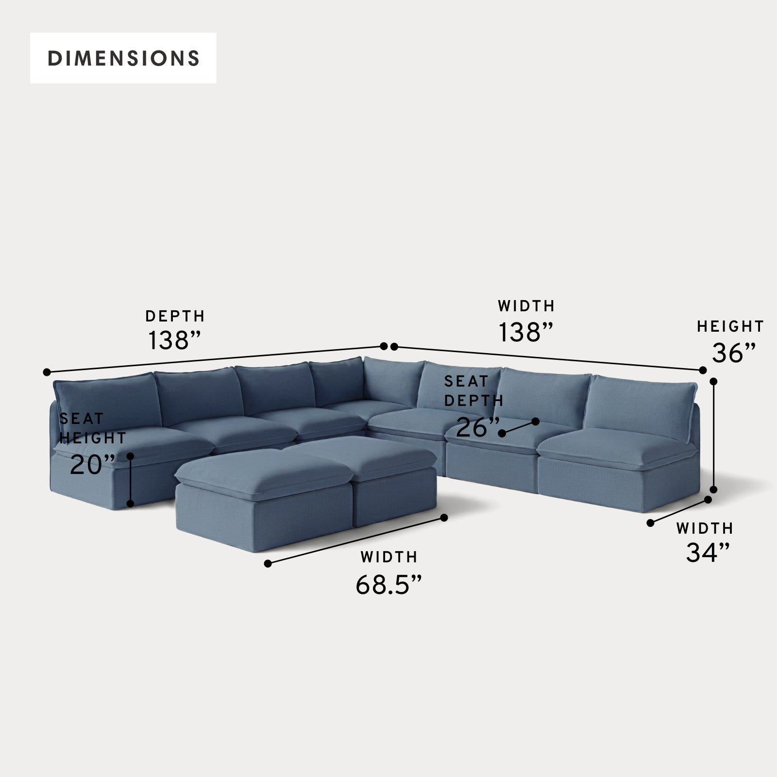 Modular Outdoor Washable 7-Seater Open-Ends Corner Sectional  + Bench Ottoman | Classic Canvas in Ocean