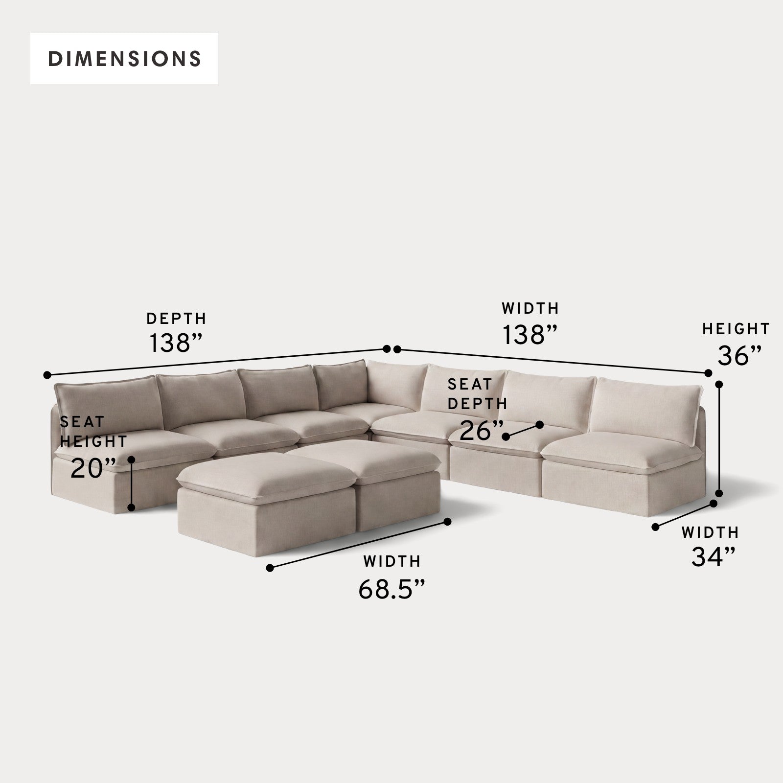 Modular Outdoor Washable 7-Seater Open-Ends Corner Sectional  + Bench Ottoman | Classic Canvas in Sand