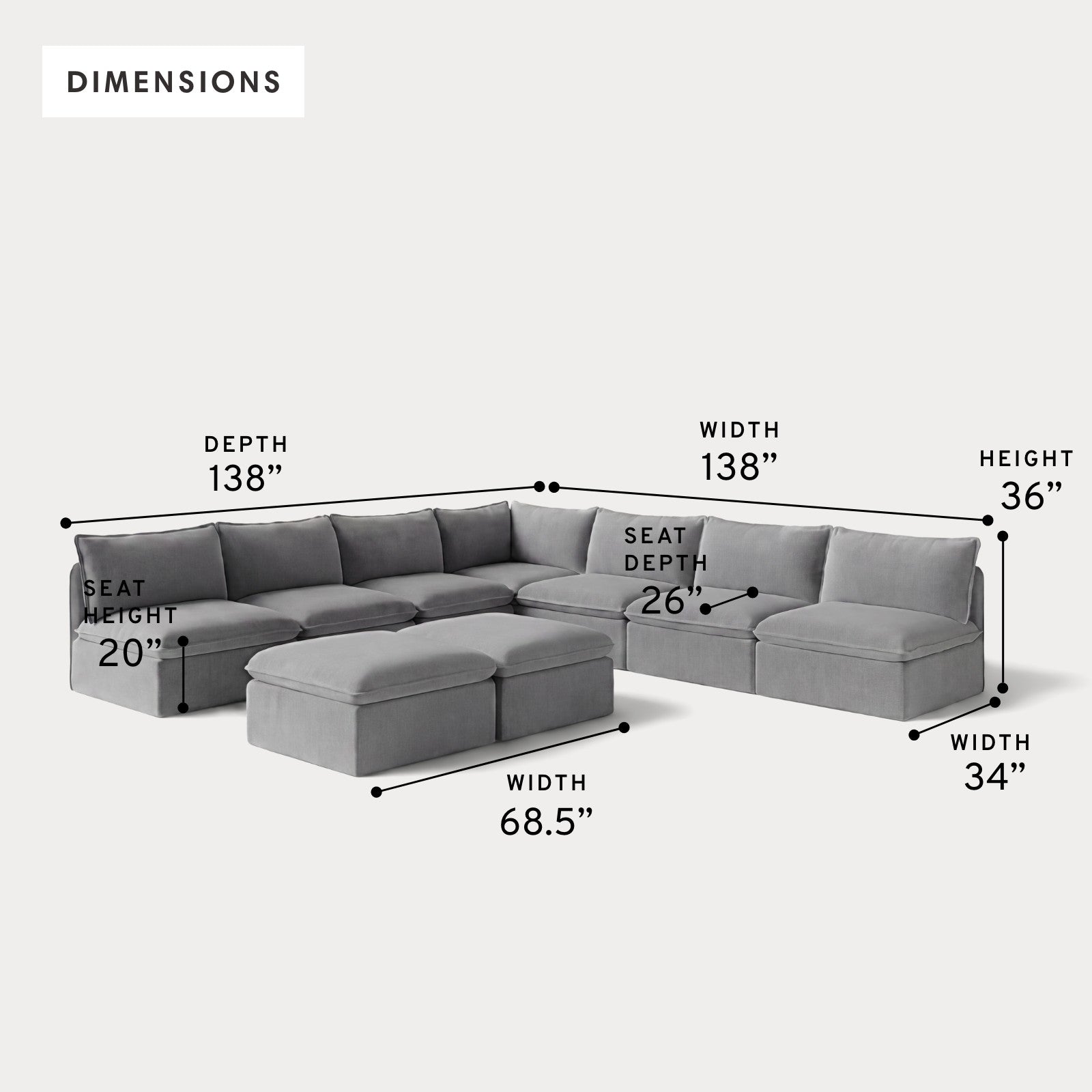Modular Outdoor Washable 7-Seater Open-Ends Corner Sectional  + Bench Ottoman | Classic Canvas in Stone Gray