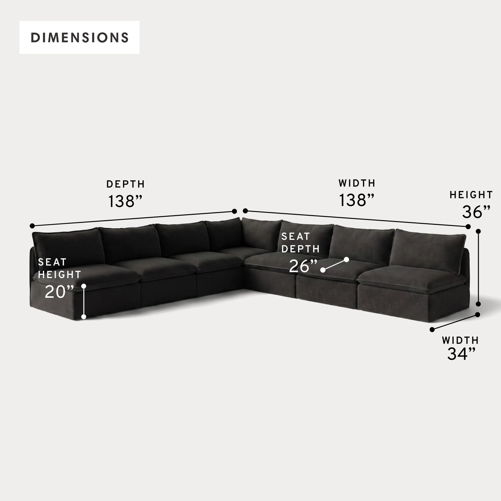 Modular Outdoor Washable 7-Seater Open-Ends Corner Sectional | Classic Canvas in Charcoal