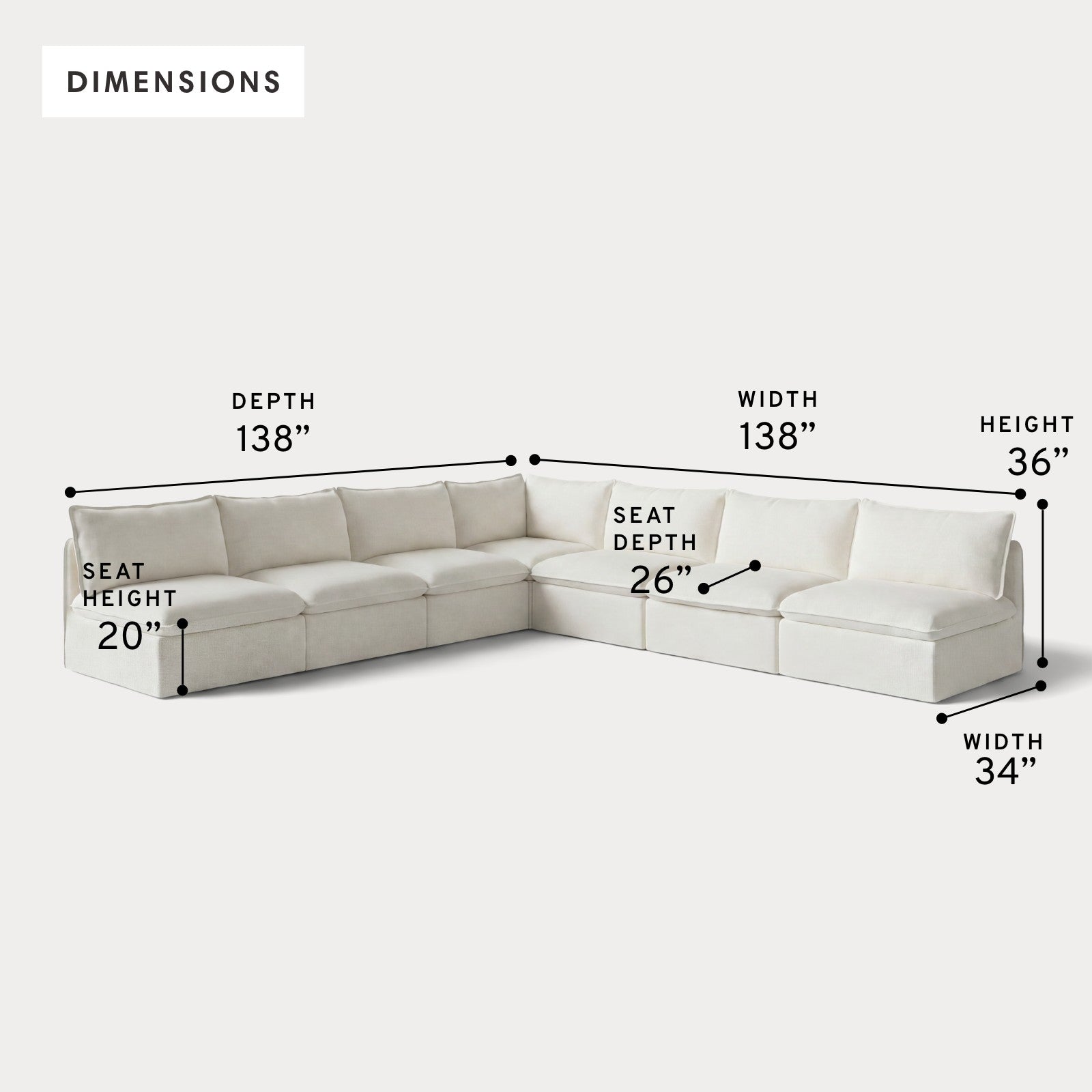 Modular Outdoor Washable 7-Seater Open-Ends Corner Sectional | Classic Canvas in Cloud