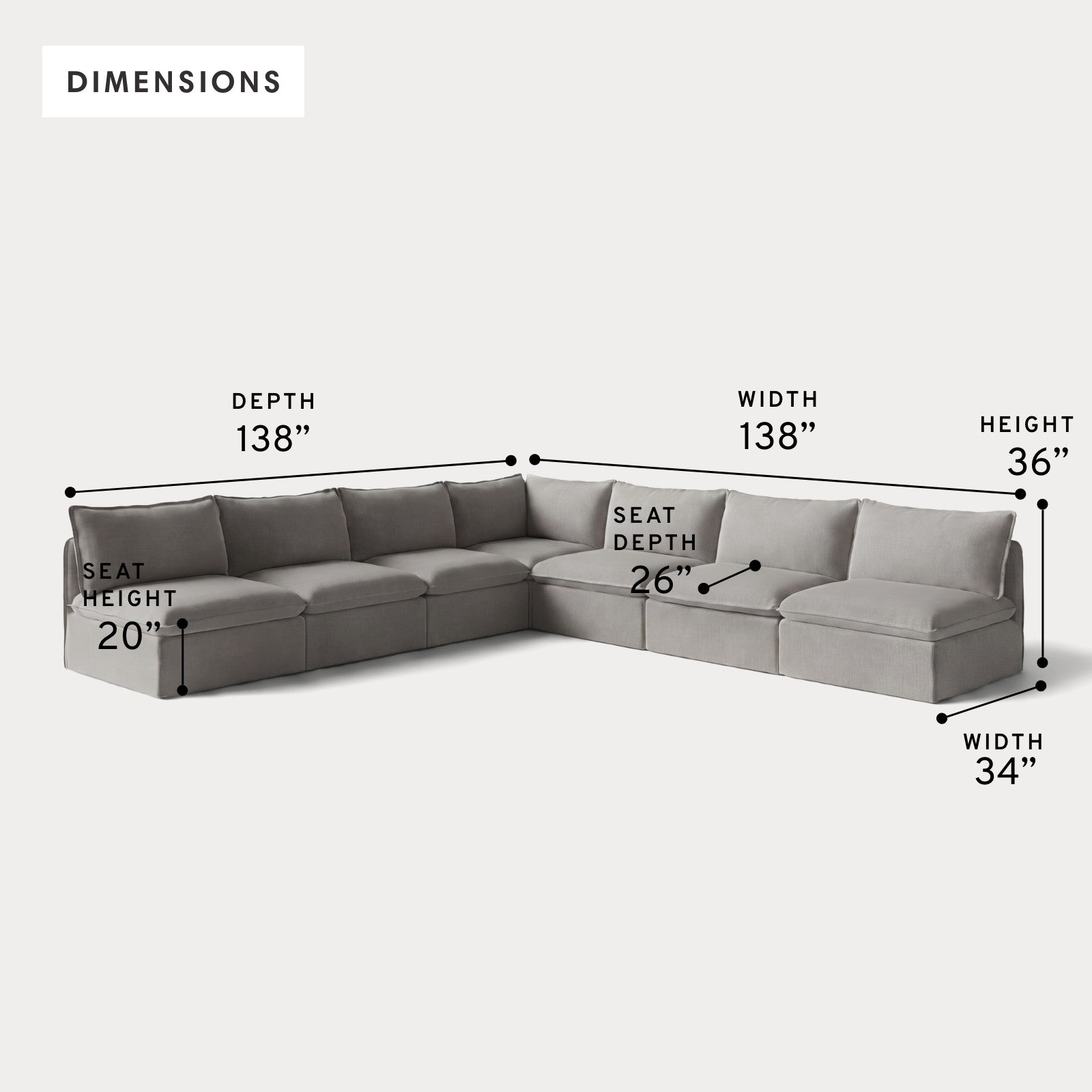 Modular Outdoor Washable 7-Seater Open-Ends Corner Sectional | Nano Slubweave in Haze Gray