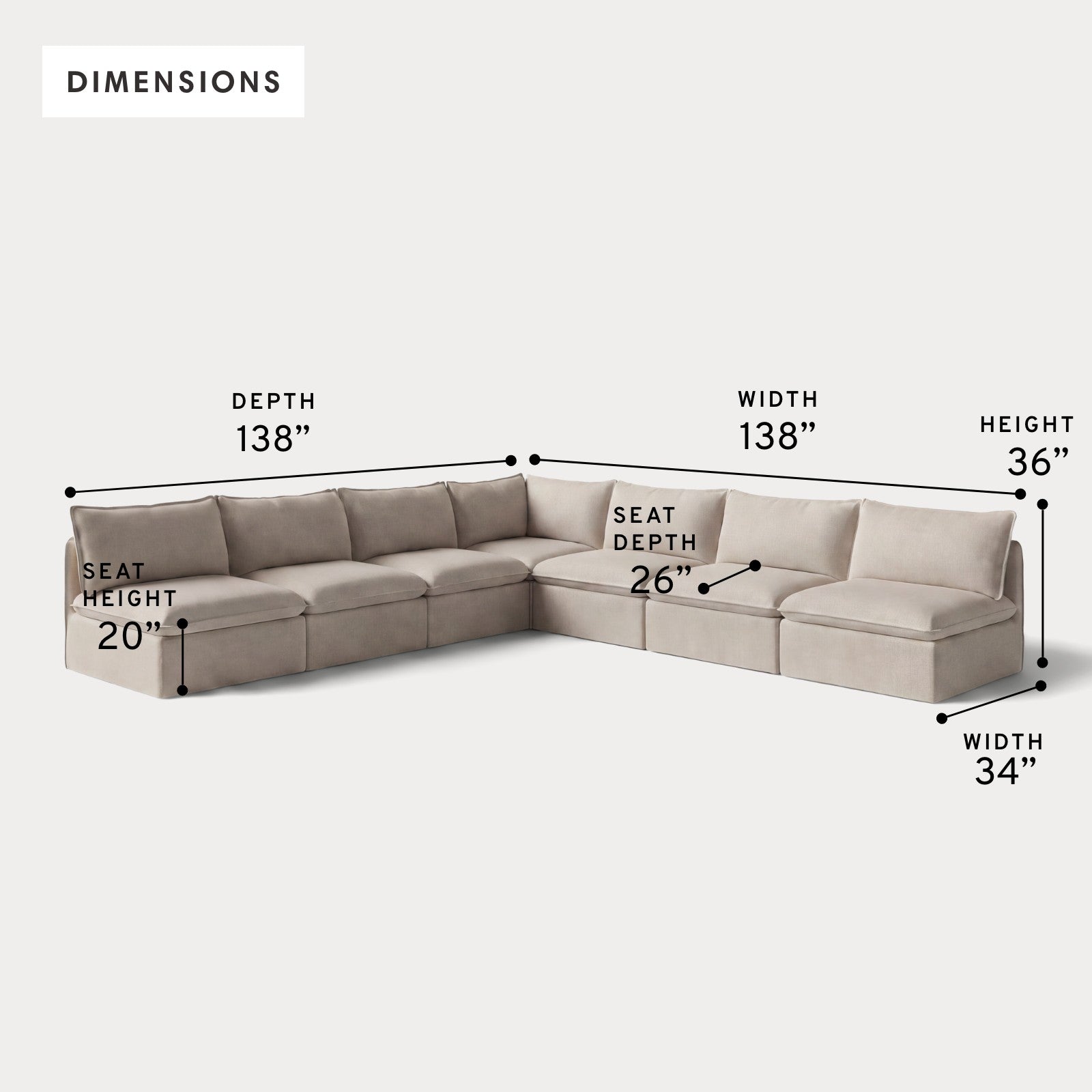 Modular Outdoor Washable 7-Seater Open-Ends Corner Sectional | Classic Canvas in Sand