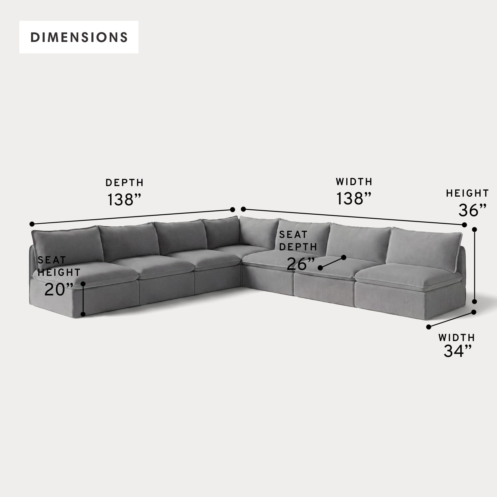Modular Outdoor Washable 7-Seater Open-Ends Corner Sectional | Classic Canvas in Stone Gray