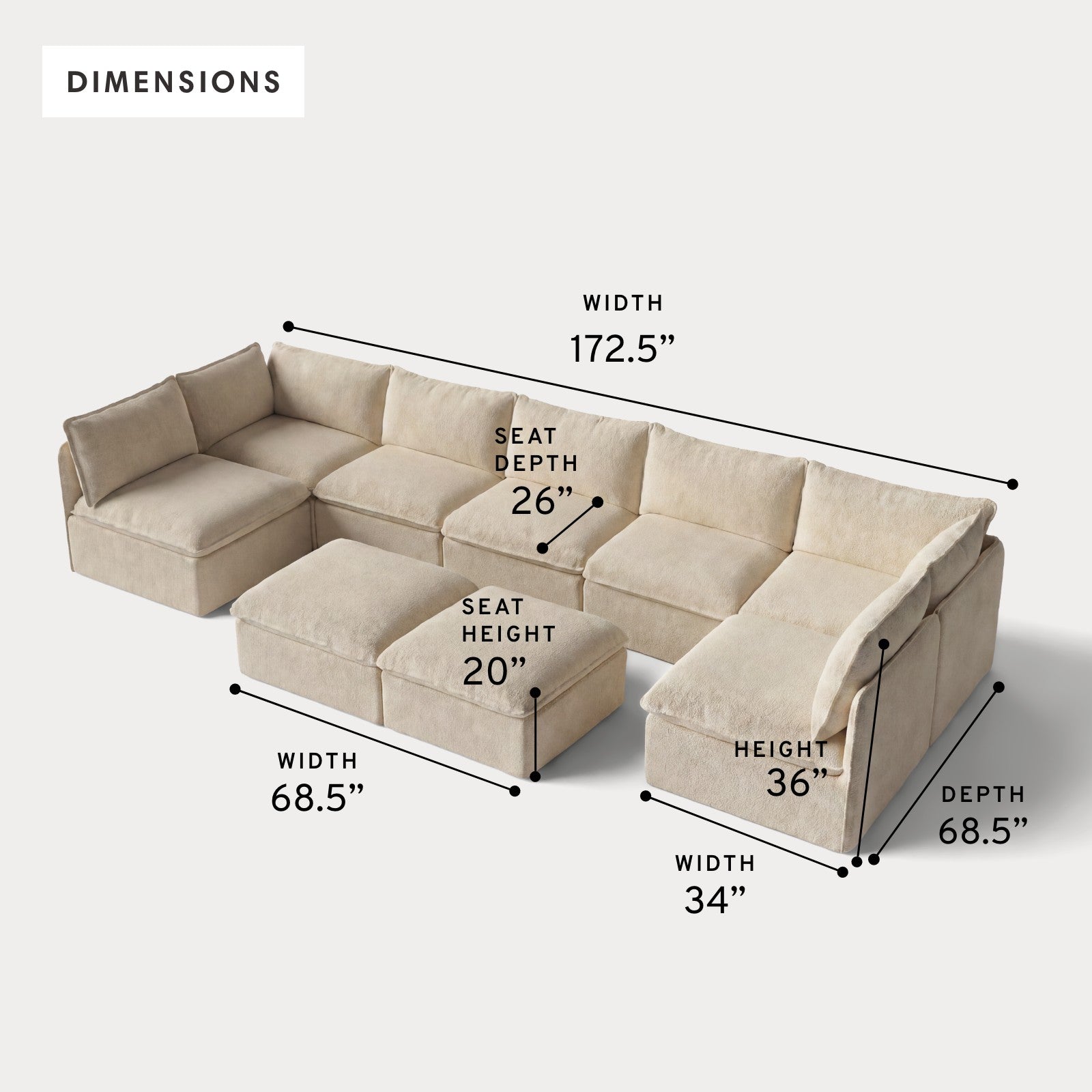 Modular Outdoor Washable 7-Seater Open-Ends U-Sectional + Bench Ottoman | Alfresco Boucle in Cashew