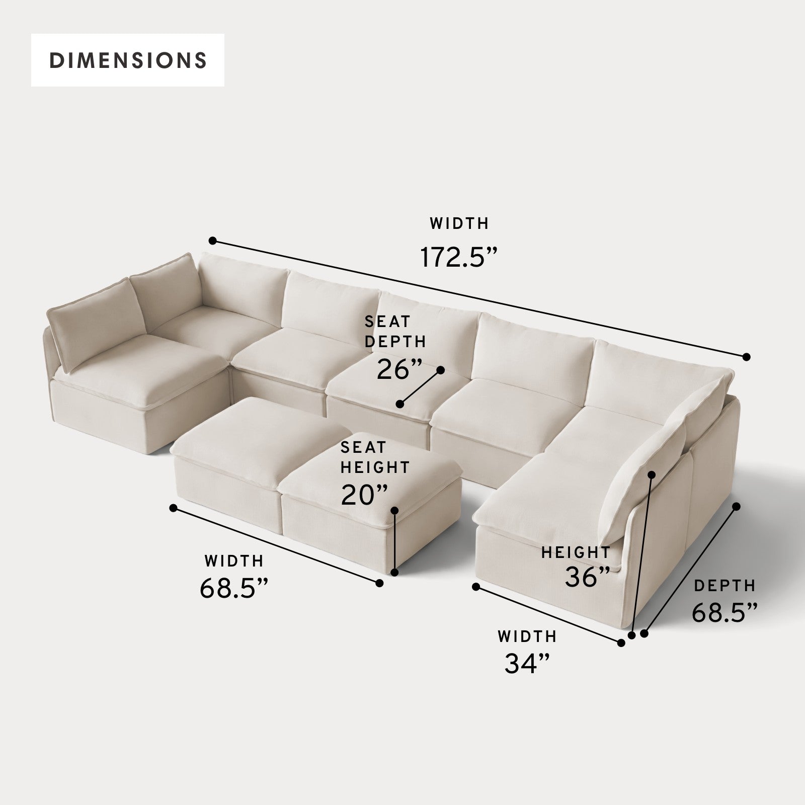 Modular Outdoor Washable 7-Seater Open-Ends U-Sectional + Bench Ottoman | Nano Slubweave in Chai
