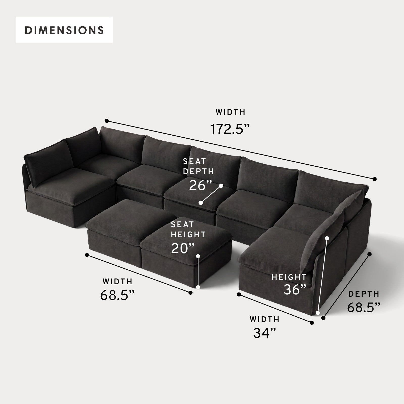 Modular Outdoor Washable 7-Seater Open-Ends U-Sectional + Bench Ottoman | Classic Canvas in Charcoal