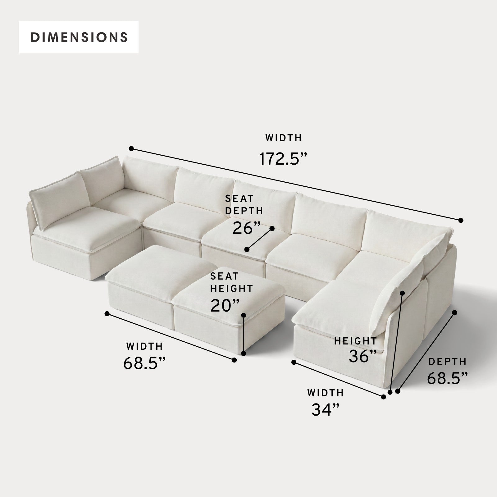 Modular Outdoor Washable 7-Seater Open-Ends U-Sectional + Bench Ottoman | Classic Canvas in Cloud