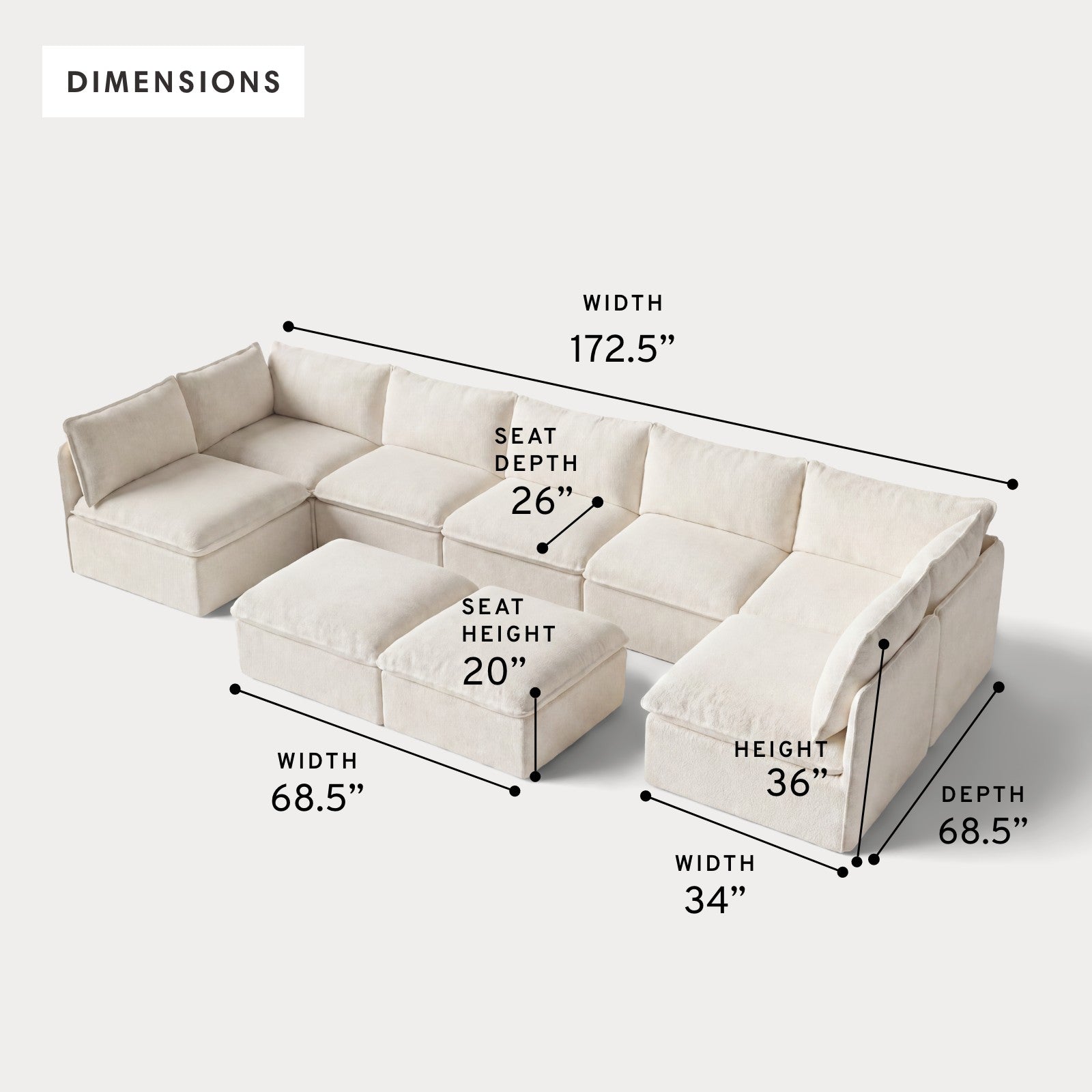 Modular Outdoor Washable 7-Seater Open-Ends U-Sectional + Bench Ottoman | Alfresco Boucle in Creme