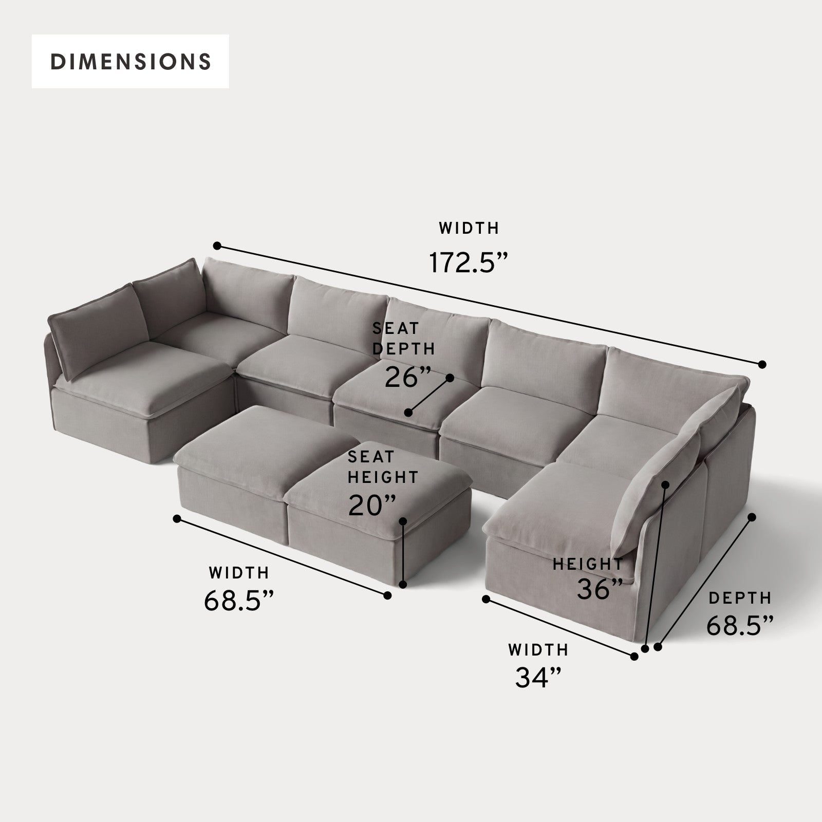 Modular Outdoor Washable 7-Seater Open-Ends U-Sectional + Bench Ottoman | Nano Slubweave in Haze Gray