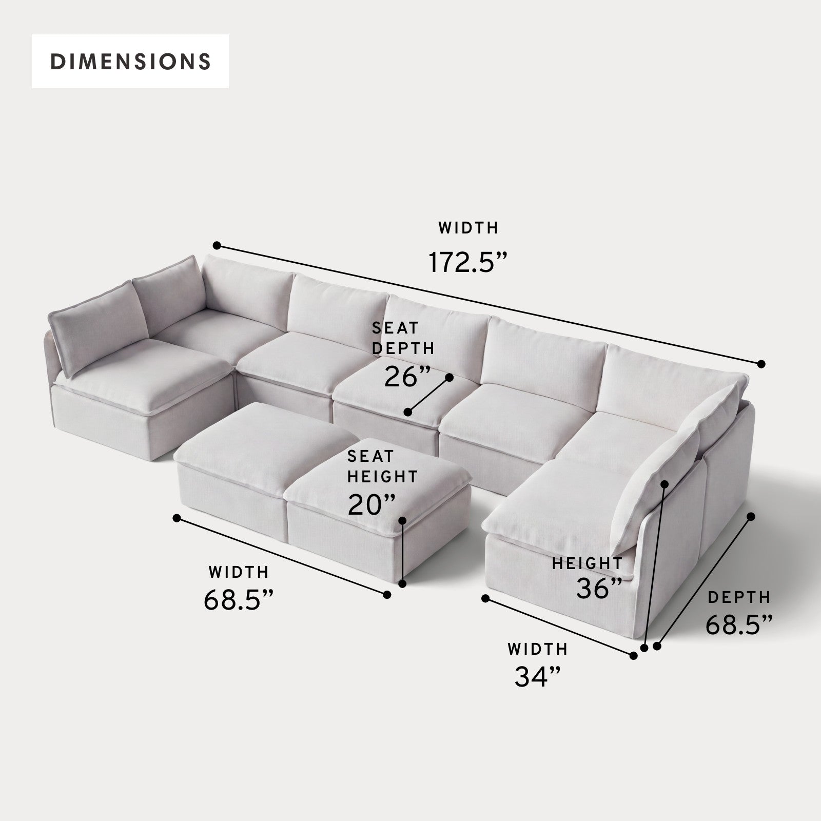 Modular Outdoor Washable 7-Seater Open-Ends U-Sectional + Bench Ottoman | Nano Slubweave in Mist