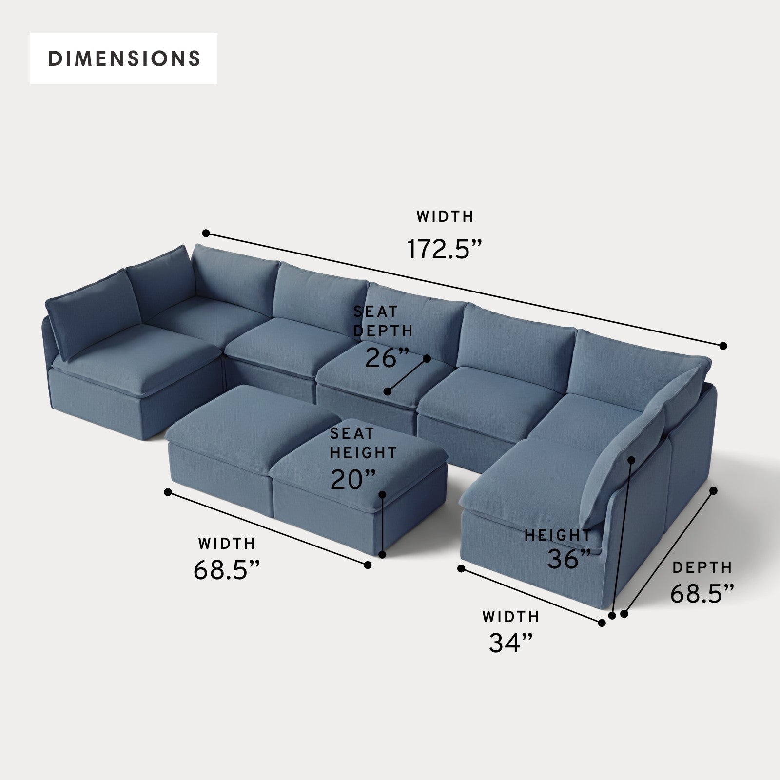 Modular Outdoor Washable 7-Seater Open-Ends U-Sectional + Bench Ottoman | Classic Canvas in Ocean