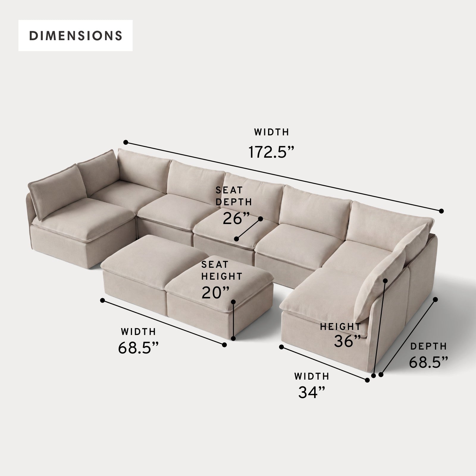 Modular Outdoor Washable 7-Seater Open-Ends U-Sectional + Bench Ottoman | Classic Canvas in Sand