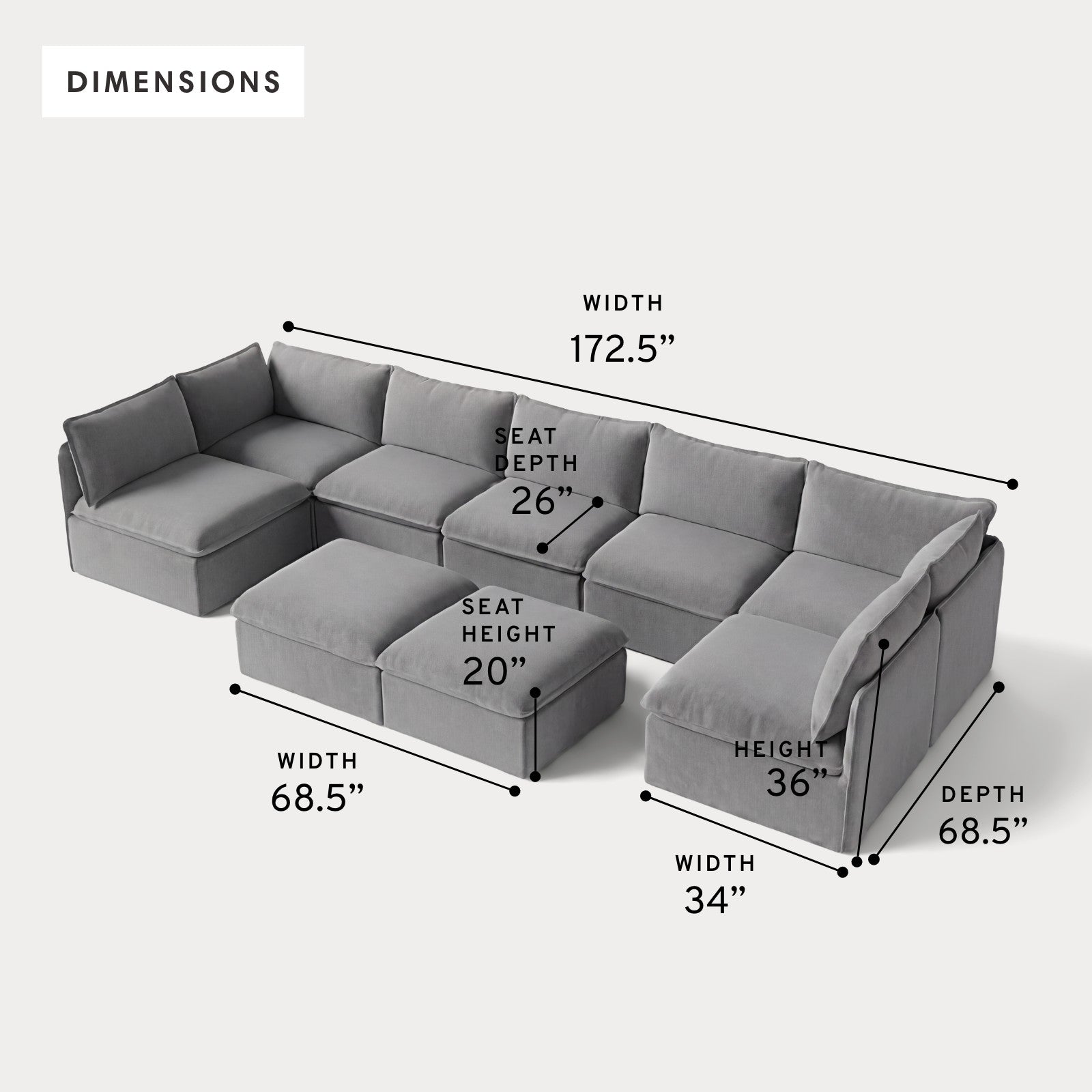 Modular Outdoor Washable 7-Seater Open-Ends U-Sectional + Bench Ottoman | Classic Canvas in Stone Gray