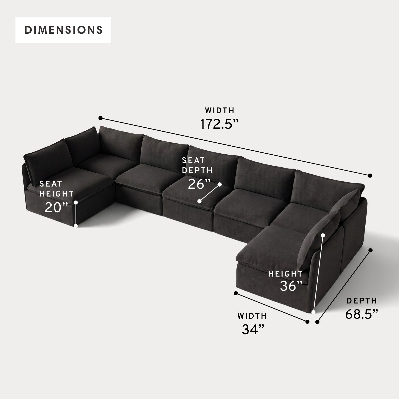 Modular Outdoor Washable 7-Seater Open-Ends U-Sectional | Classic Canvas in Charcoal