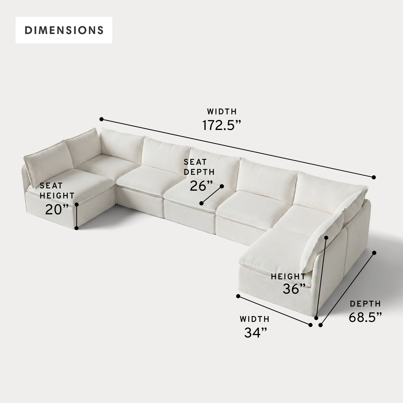 Modular Outdoor Washable 7-Seater Open-Ends U-Sectional | Classic Canvas in Cloud