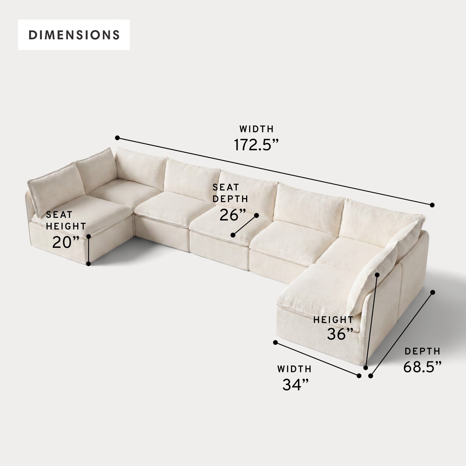 Modular Outdoor Washable 7-Seater Open-Ends U-Sectional | Alfresco Boucle in Creme