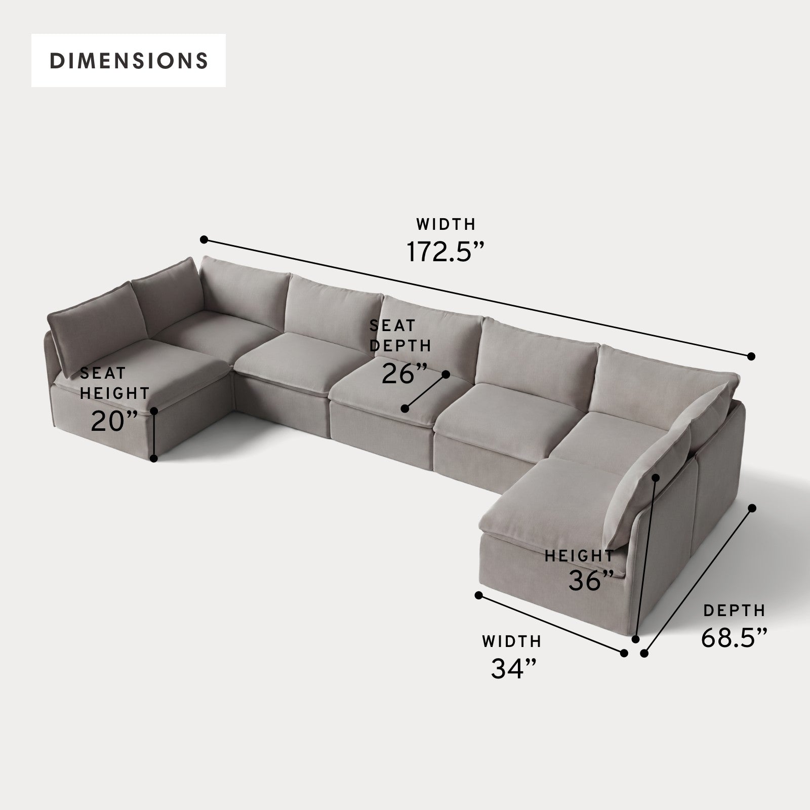 Modular Outdoor Washable 7-Seater Open-Ends U-Sectional | Nano Slubweave in Haze Gray