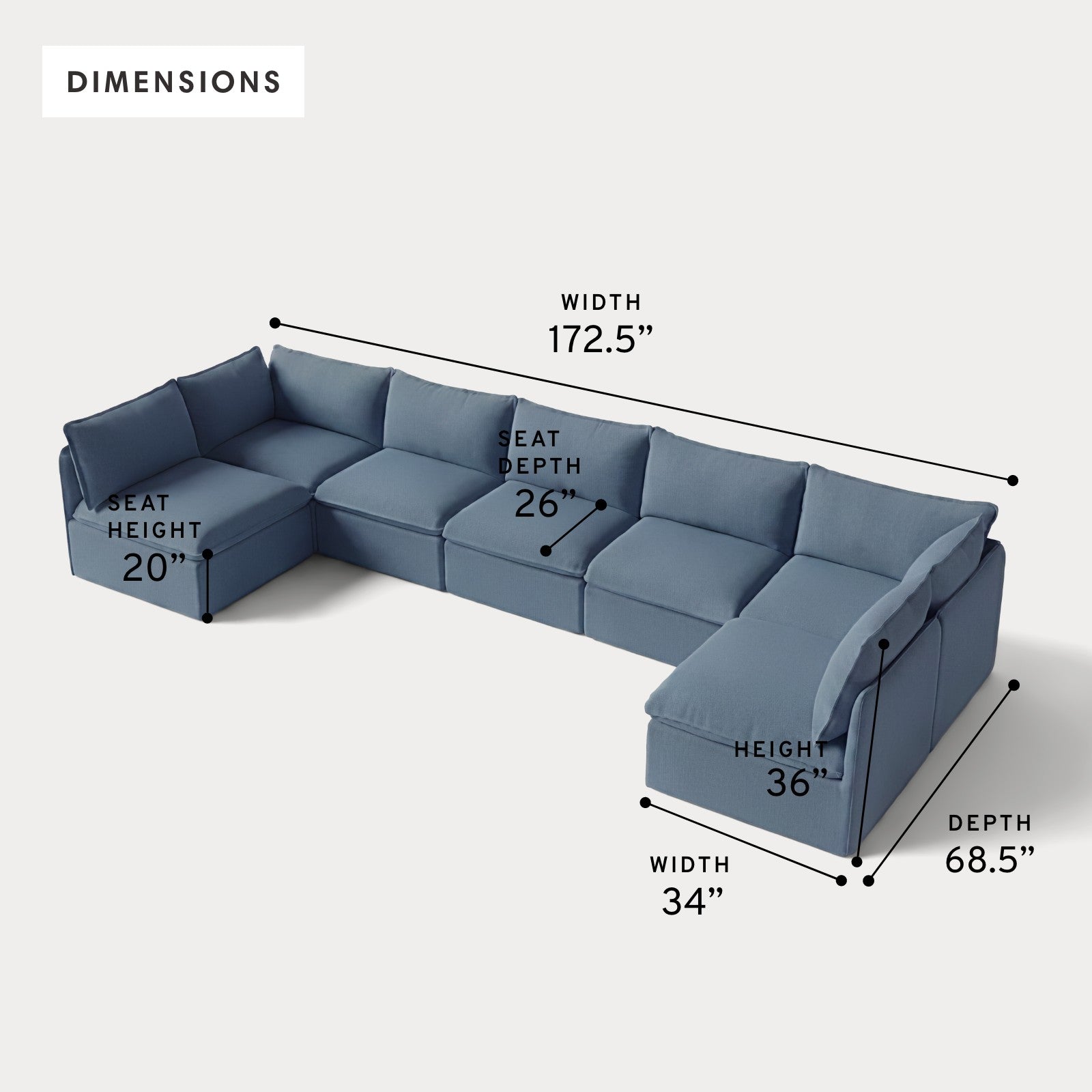 Modular Outdoor Washable 7-Seater Open-Ends U-Sectional | Classic Canvas in Ocean