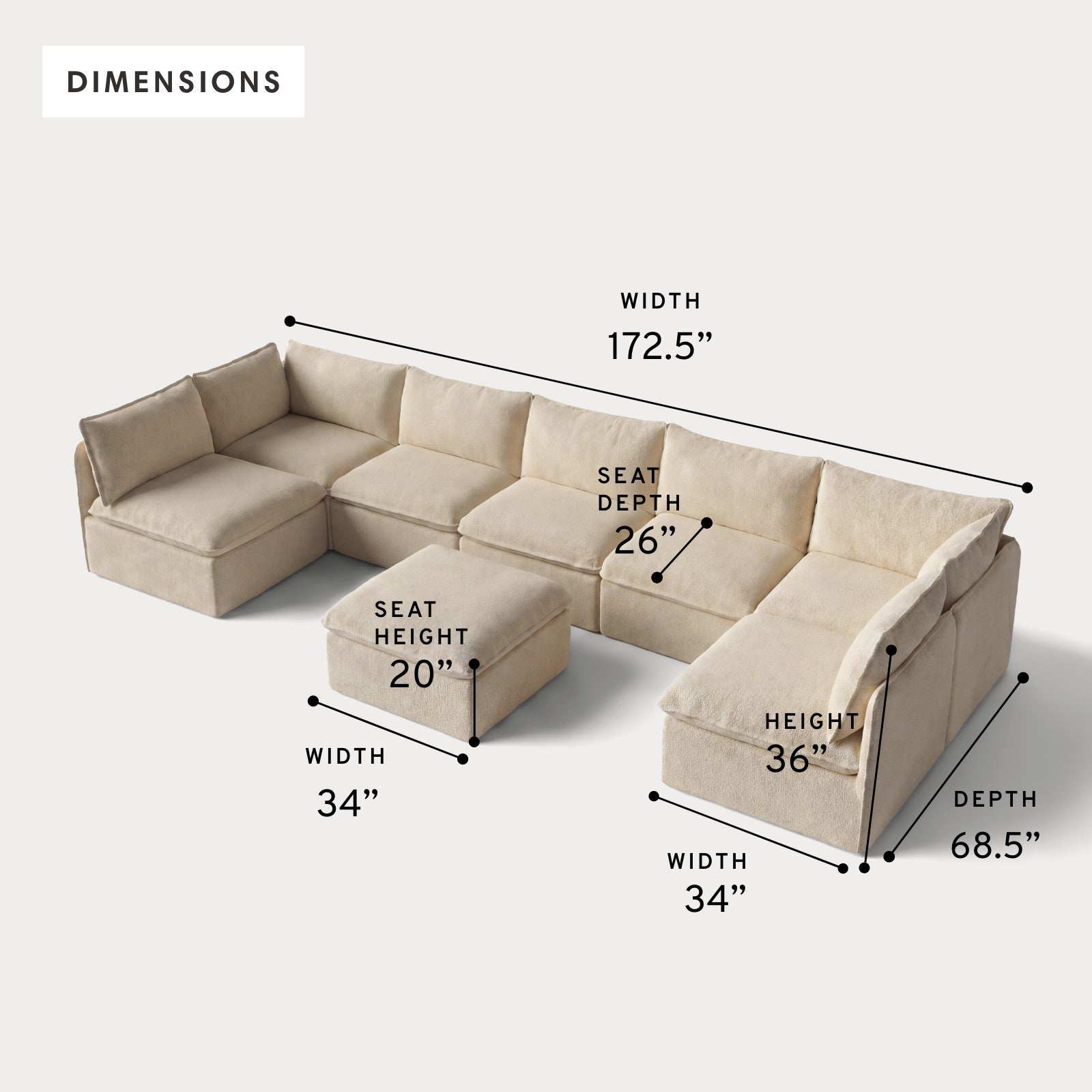 Modular Outdoor Washable 7-Seater Open-Ends U-Sectional + Ottoman | Alfresco Boucle in Cashew