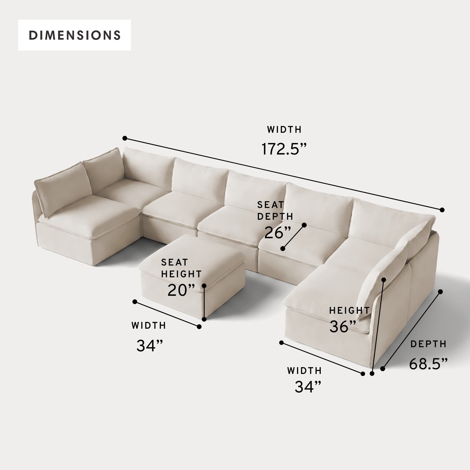 Modular Outdoor Washable 7-Seater Open-Ends U-Sectional + Ottoman | Nano Slubweave in Chai