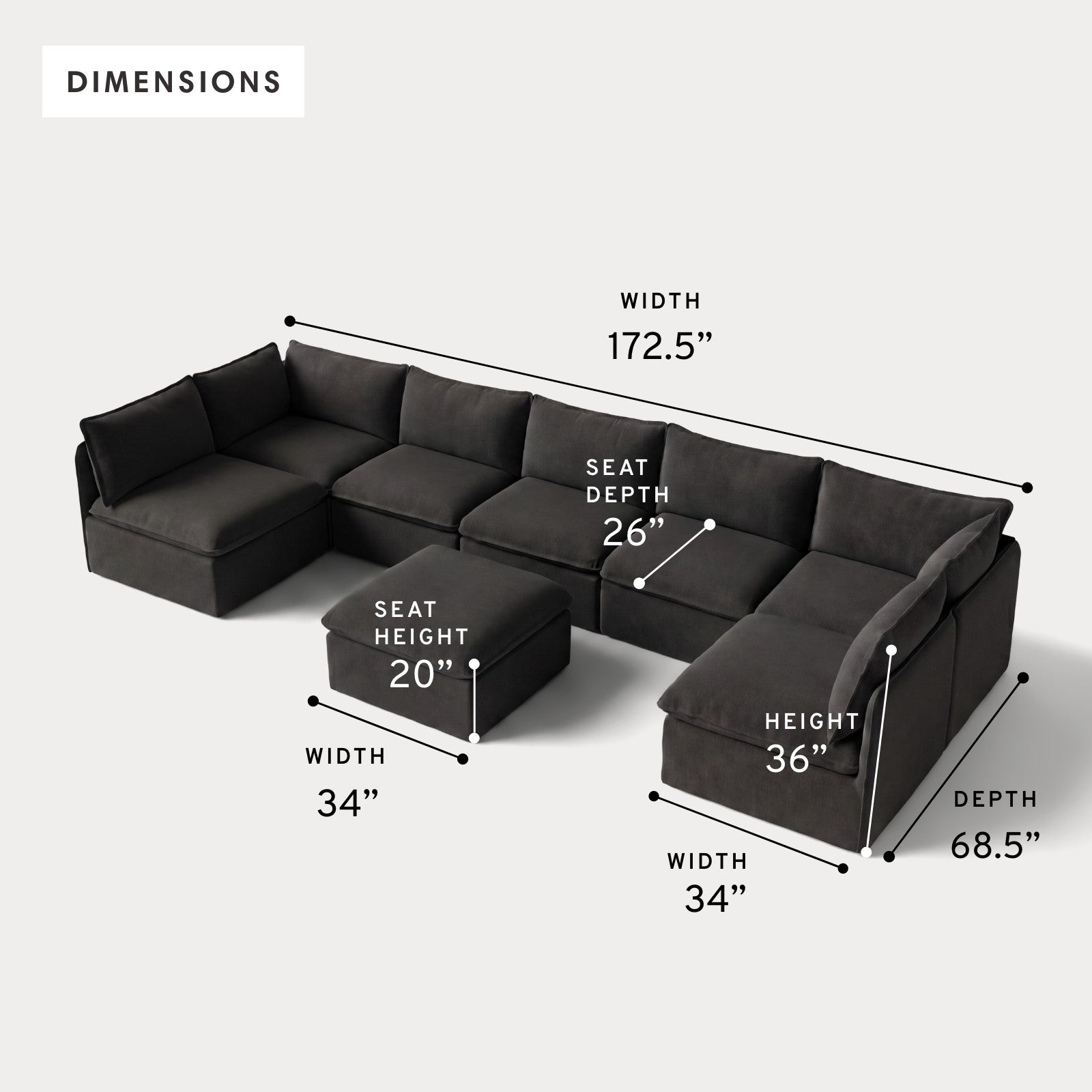 Modular Outdoor Washable 7-Seater Open-Ends U-Sectional + Ottoman | Classic Canvas in Charcoal