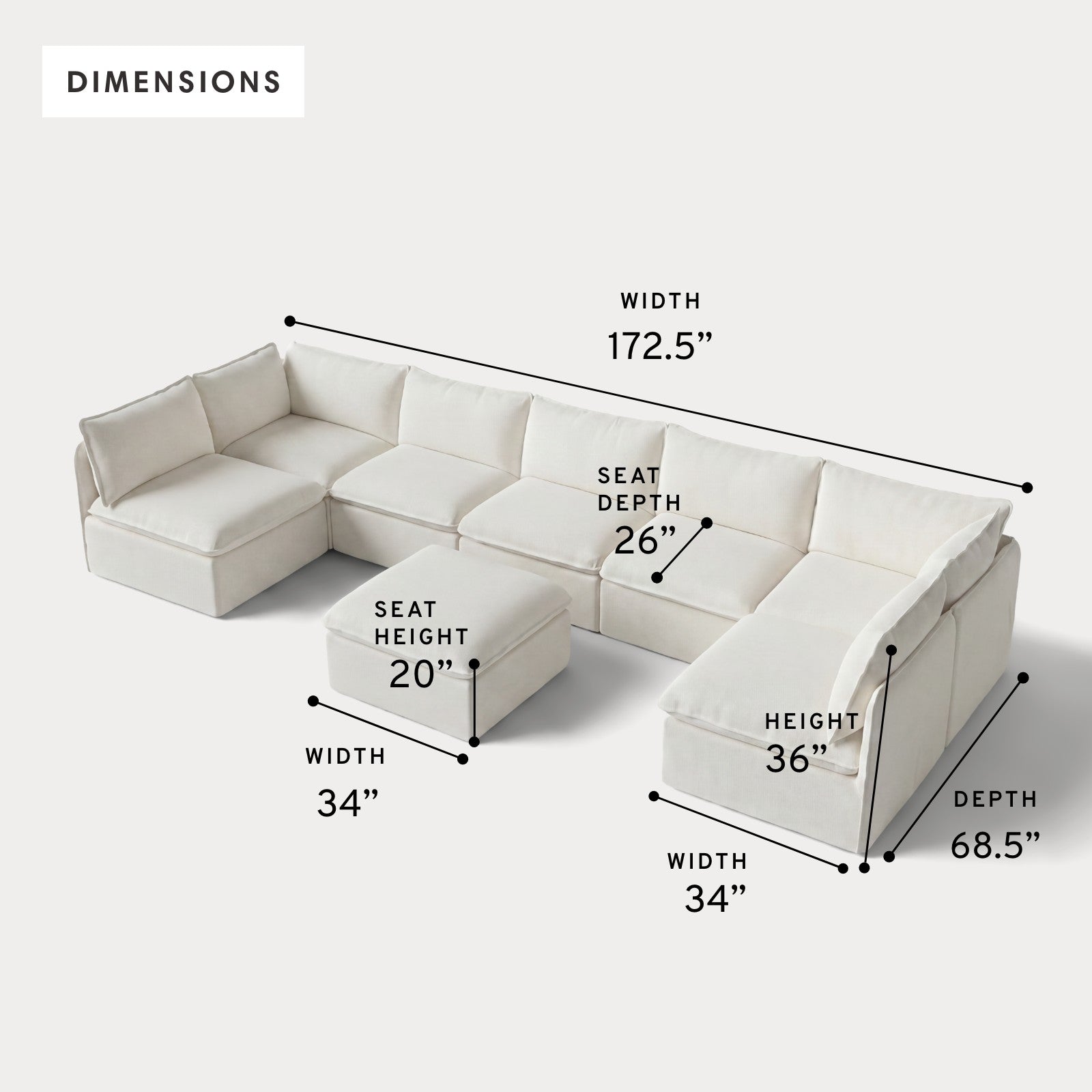 Modular Outdoor Washable 7-Seater Open-Ends U-Sectional + Ottoman | Classic Canvas in Cloud