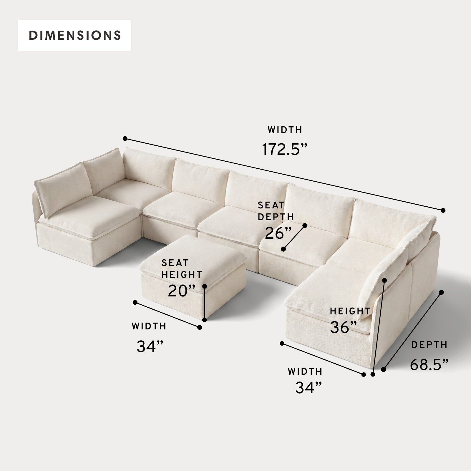 Modular Outdoor Washable 7-Seater Open-Ends U-Sectional + Ottoman | Alfresco Boucle in Creme