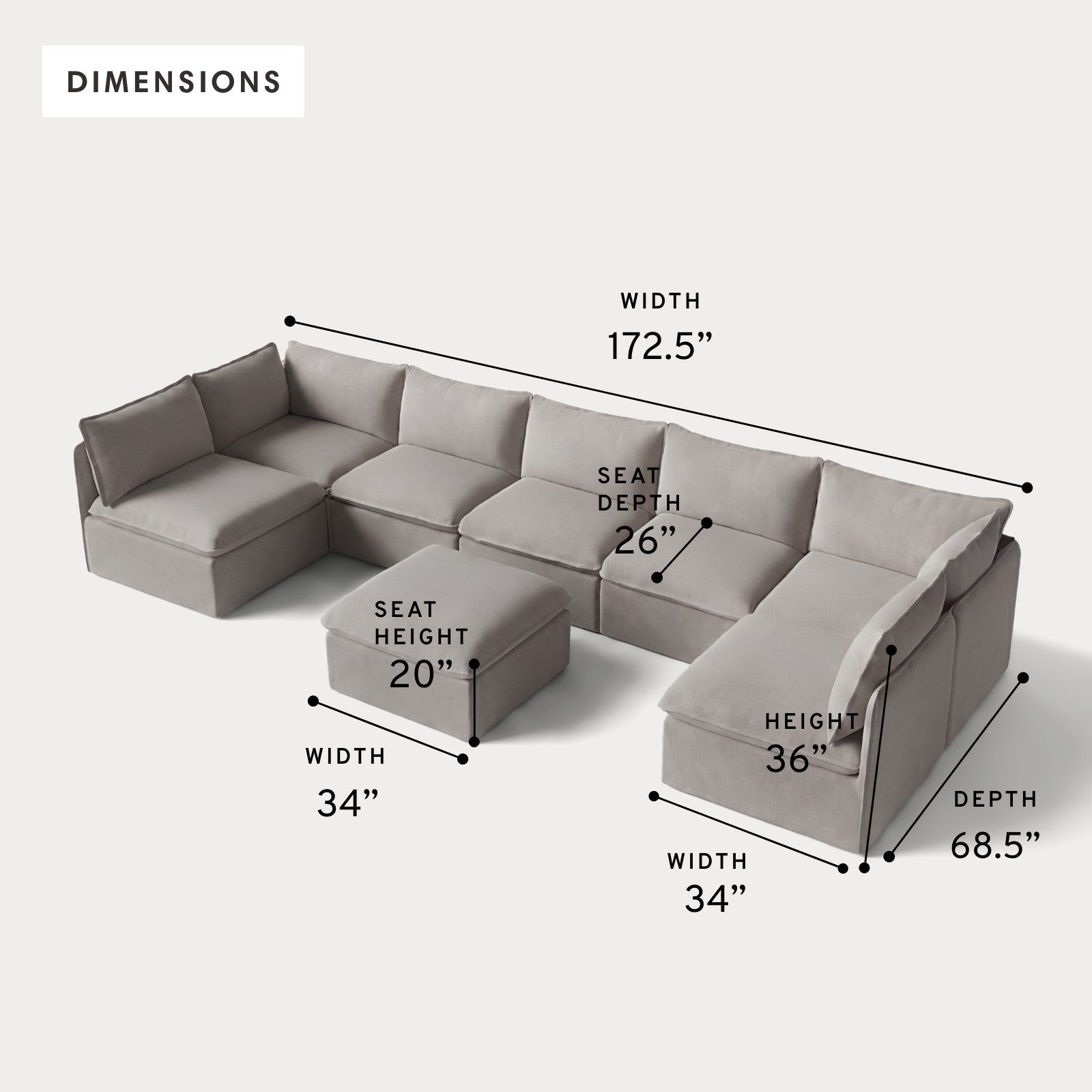 Modular Outdoor Washable 7-Seater Open-Ends U-Sectional + Ottoman | Nano Slubweave in Haze Gray