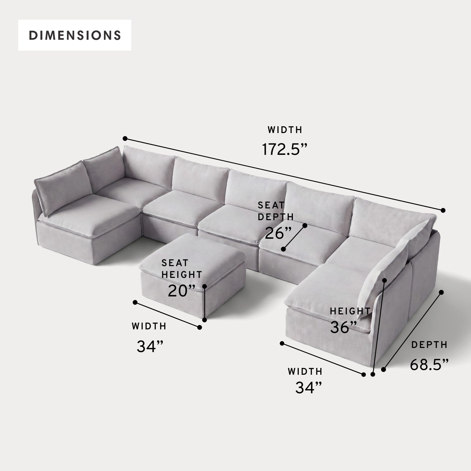 Modular Outdoor Washable 7-Seater Open-Ends U-Sectional + Ottoman | Nano Slubweave in Mist