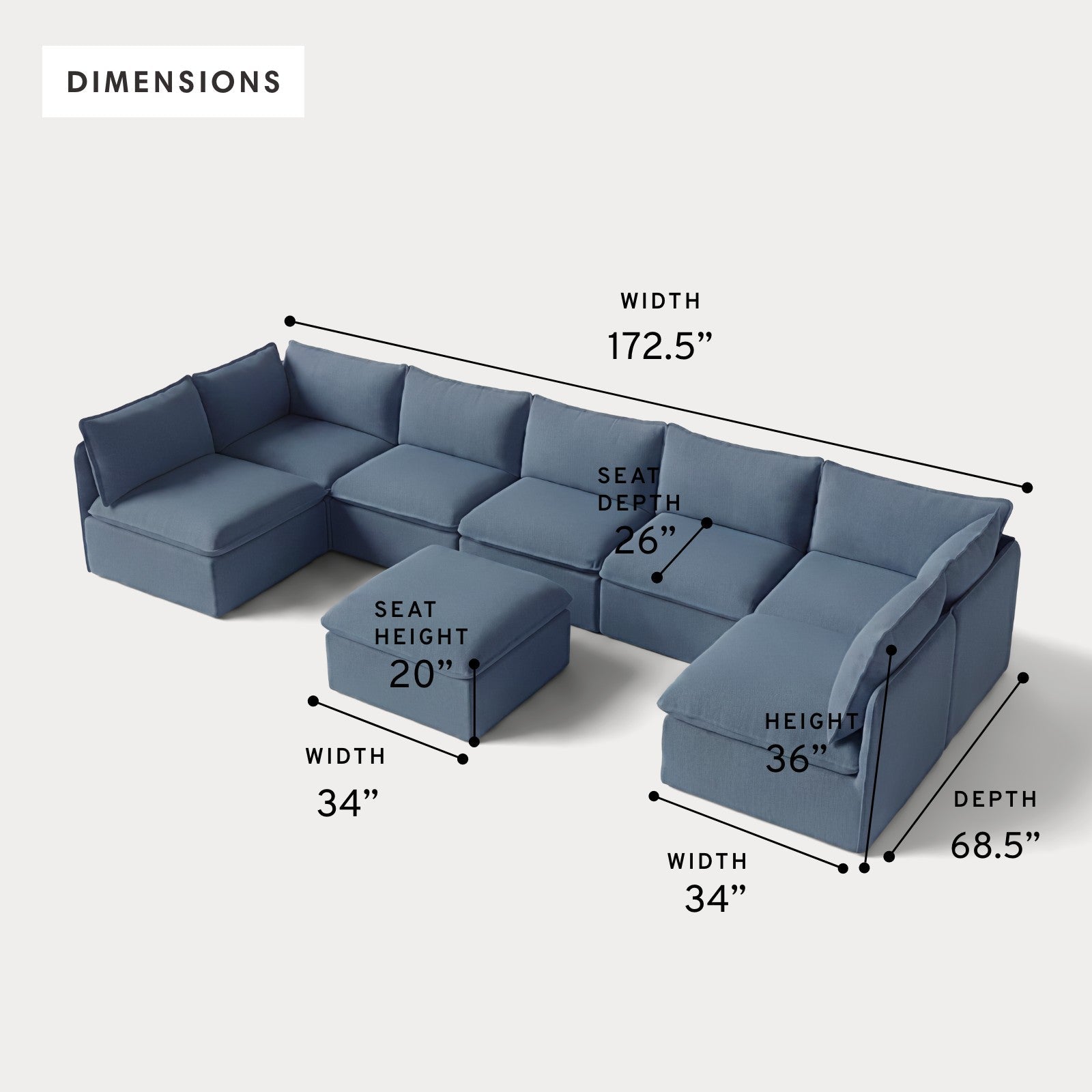 Modular Outdoor Washable 7-Seater Open-Ends U-Sectional + Ottoman | Classic Canvas in Ocean