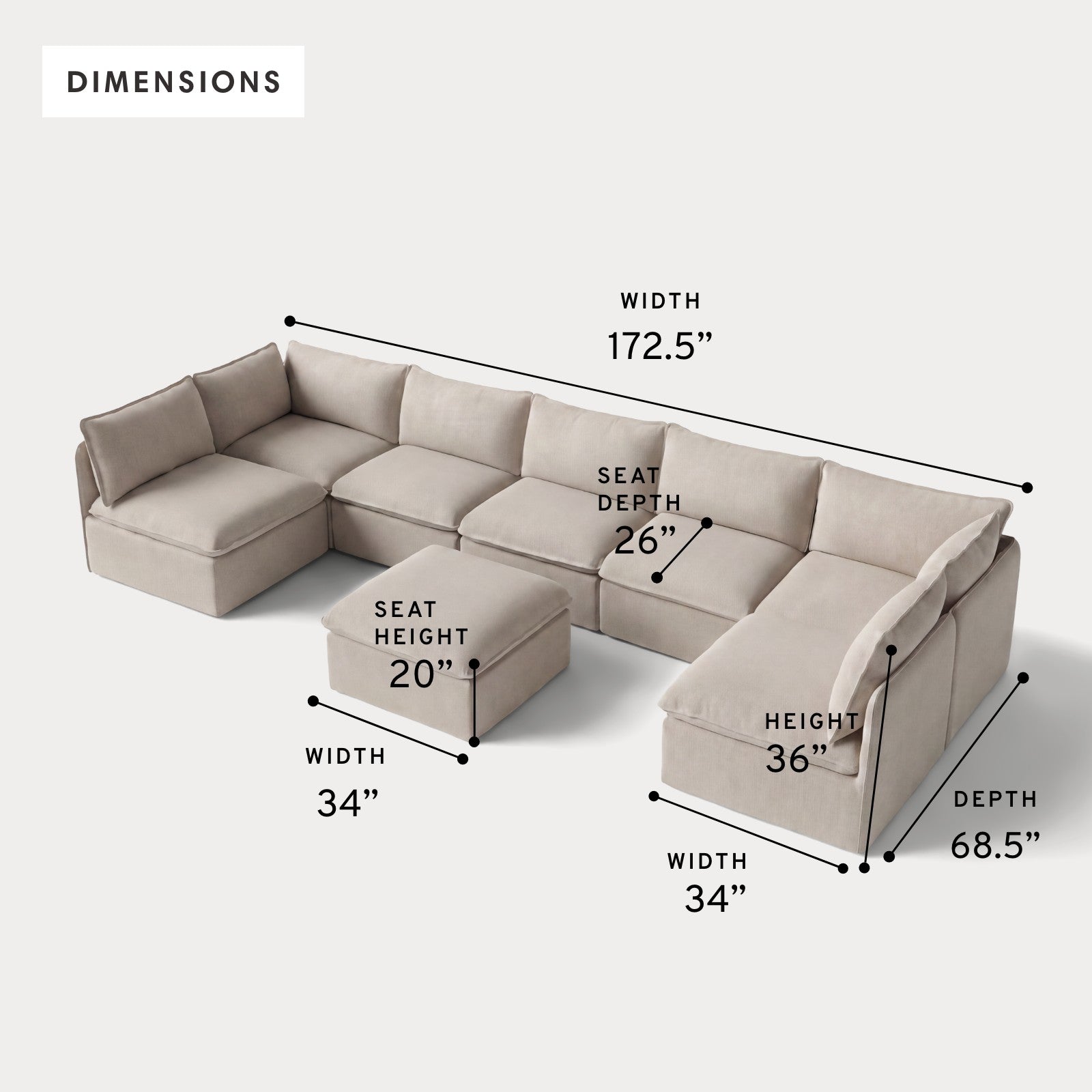 Modular Outdoor Washable 7-Seater Open-Ends U-Sectional + Ottoman | Classic Canvas in Sand