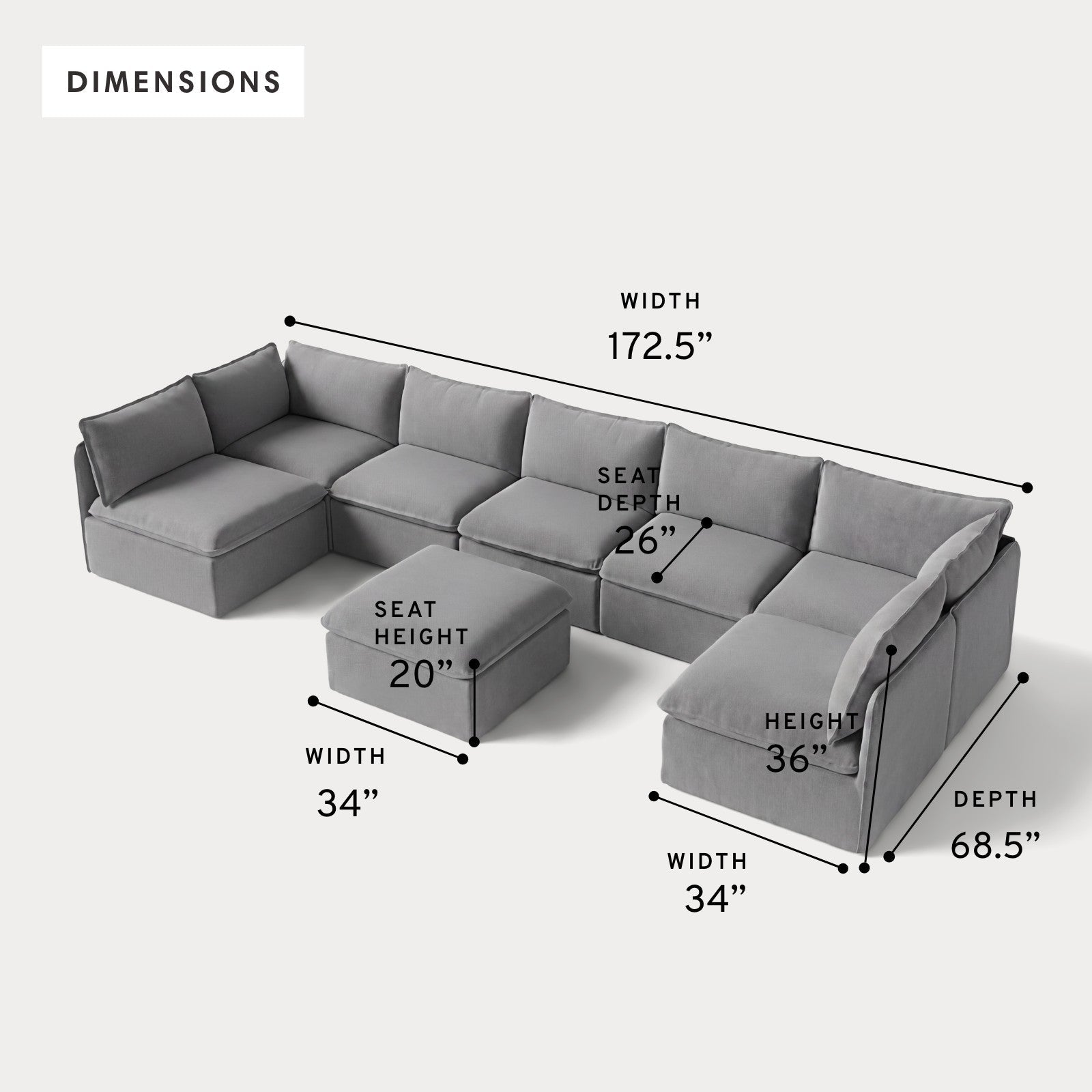 Modular Outdoor Washable 7-Seater Open-Ends U-Sectional + Ottoman | Classic Canvas in Stone Gray