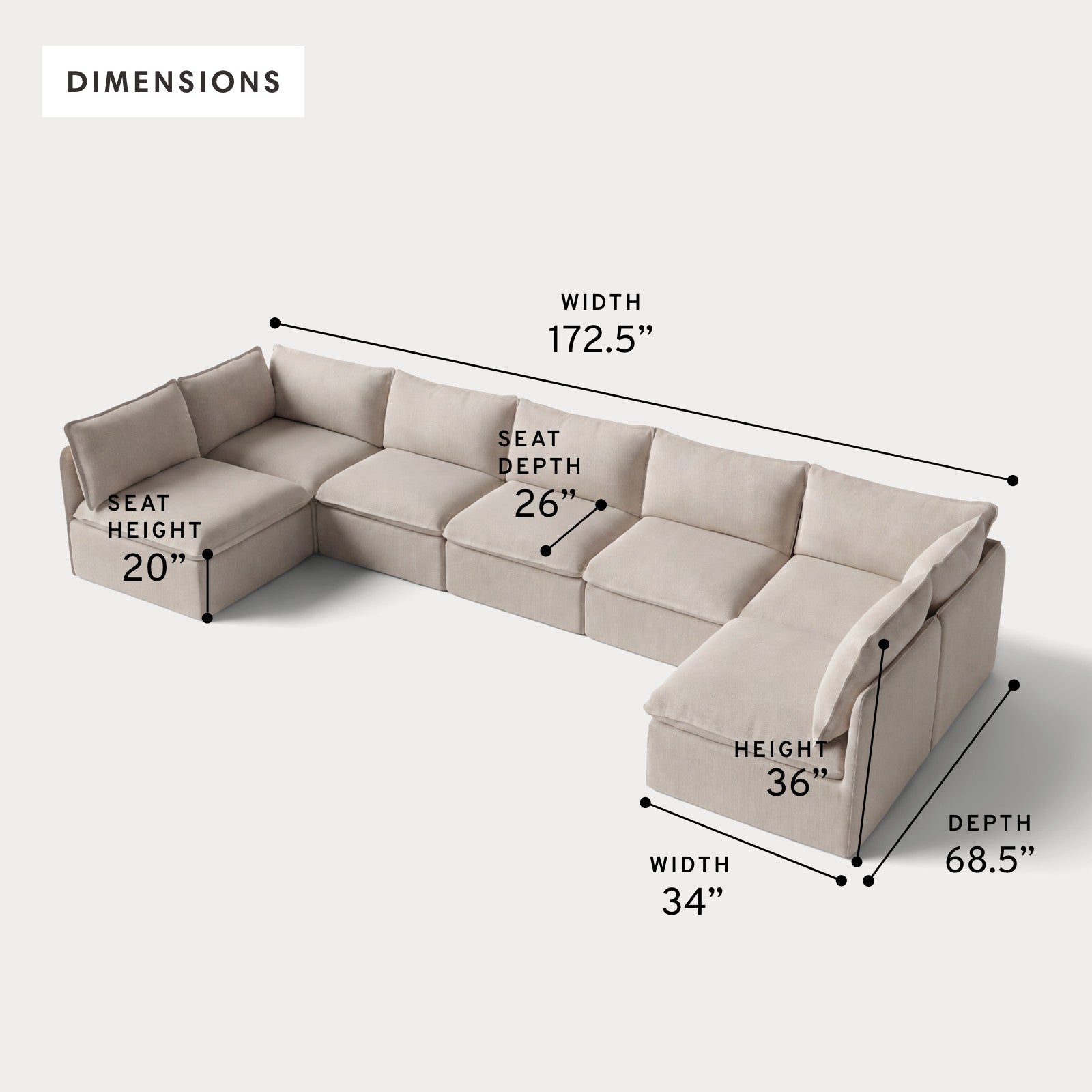 Modular Outdoor Washable 7-Seater Open-Ends U-Sectional | Classic Canvas in Sand