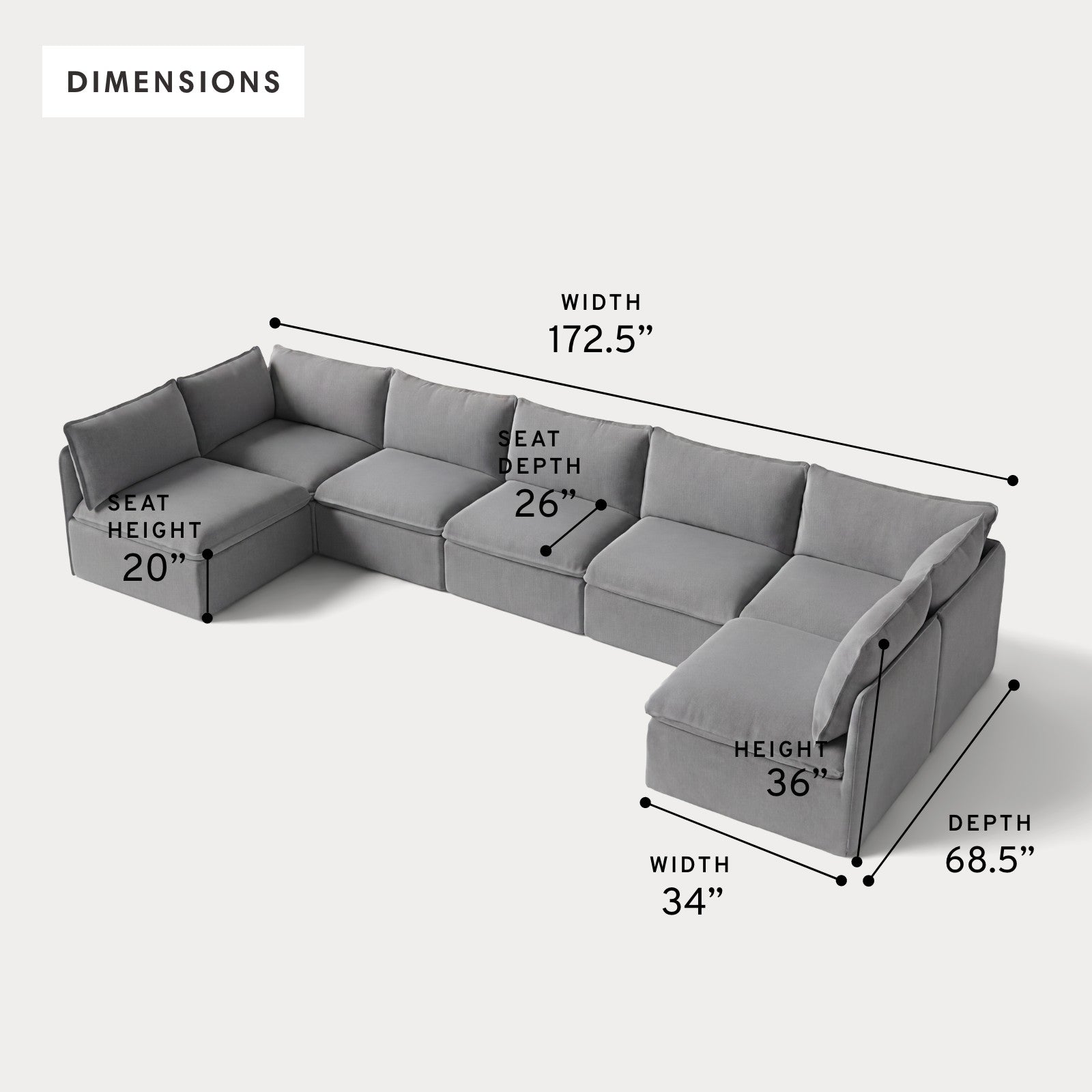 Modular Outdoor Washable 7-Seater Open-Ends U-Sectional | Classic Canvas in Stone Gray