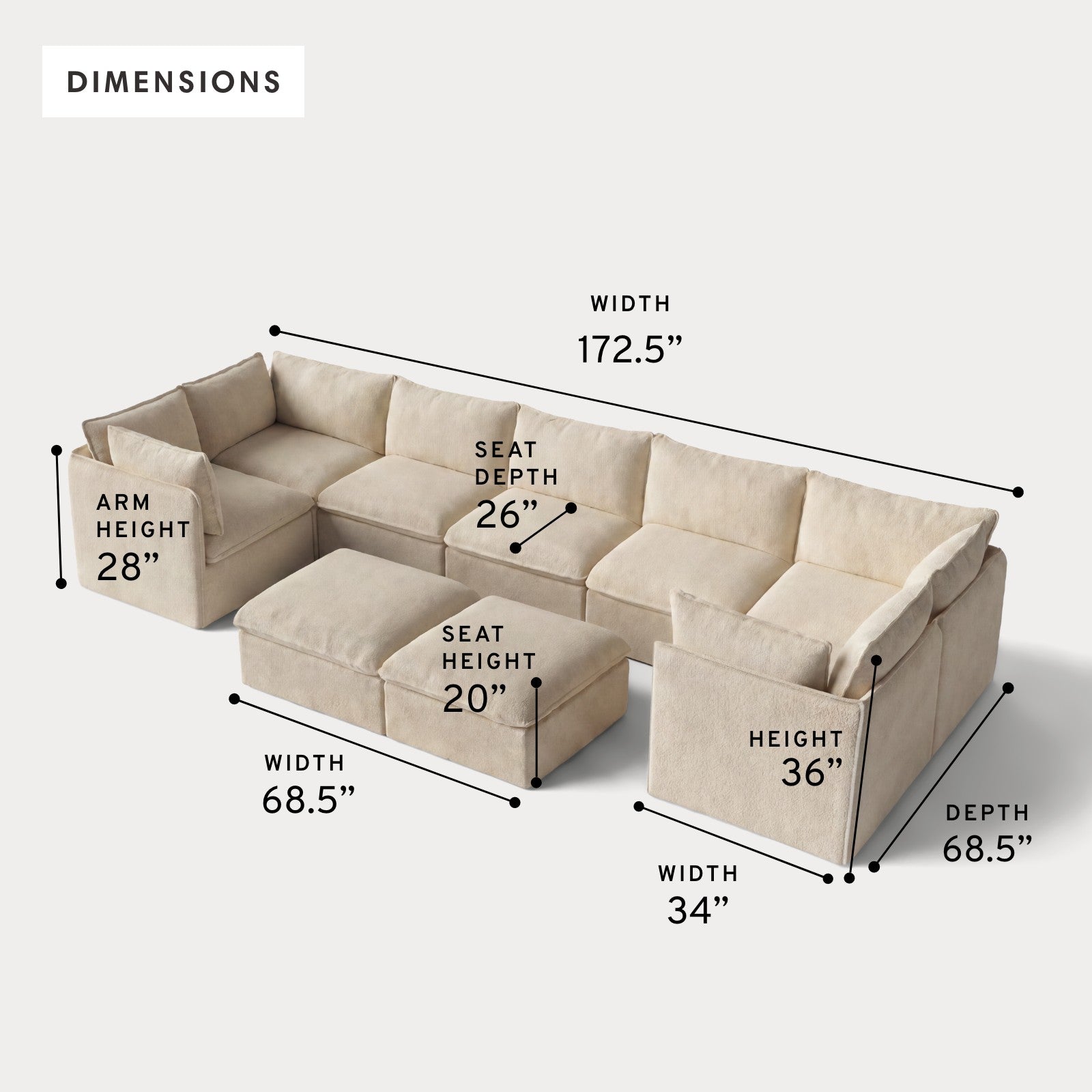 Modular Outdoor Washable 7-Seater U-Sectional + Bench Ottoman | Alfresco Boucle in Cashew