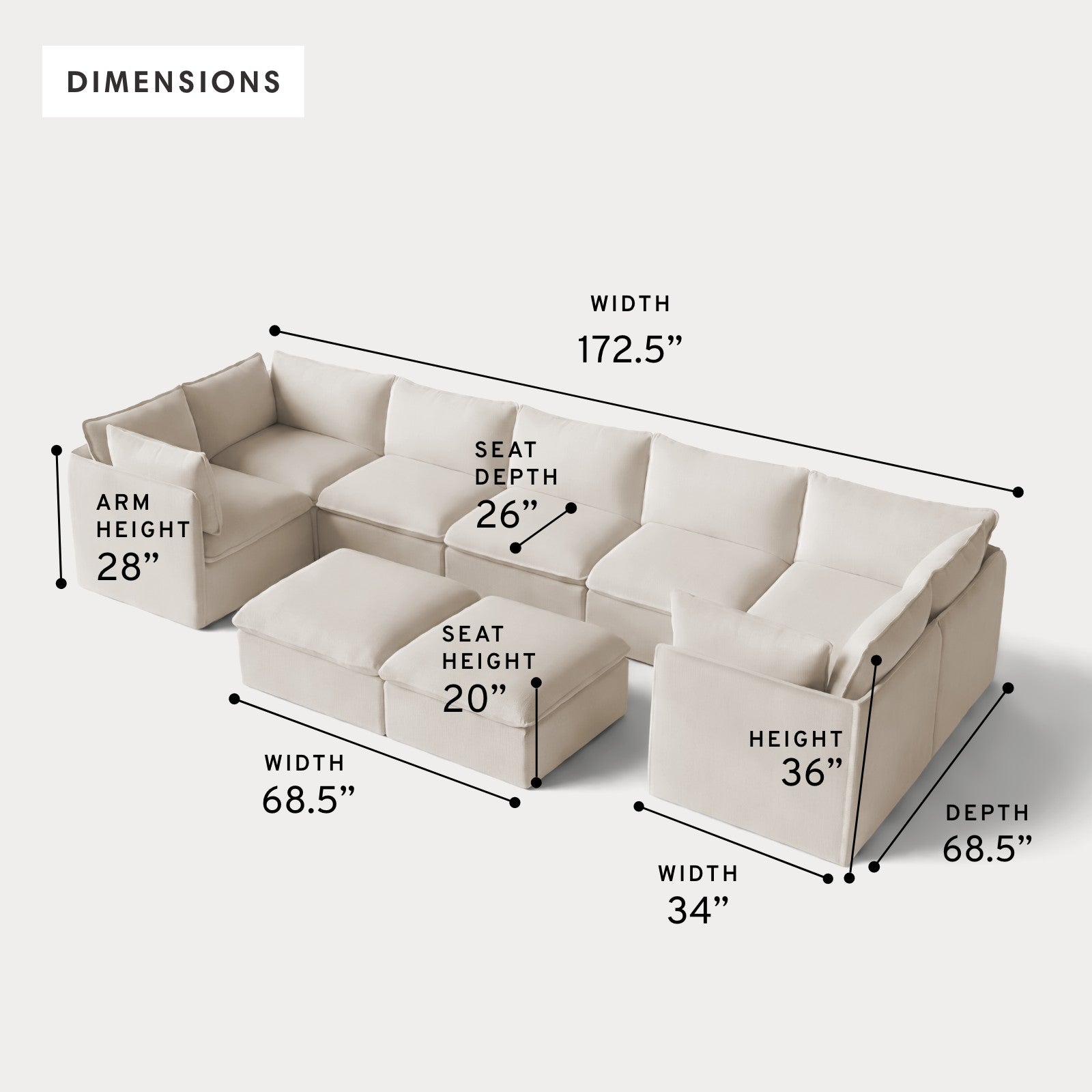 Modular Outdoor Washable 7-Seater U-Sectional + Bench Ottoman | Nano Slubweave in Chai