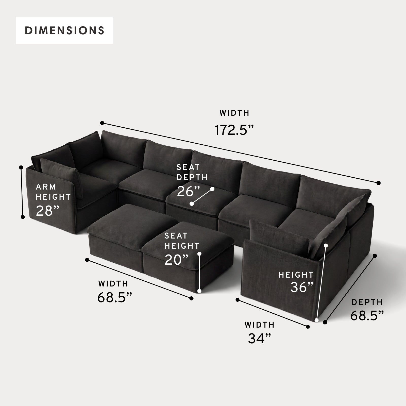 Modular Outdoor Washable 7-Seater U-Sectional + Bench Ottoman | Classic Canvas in Charcoal
