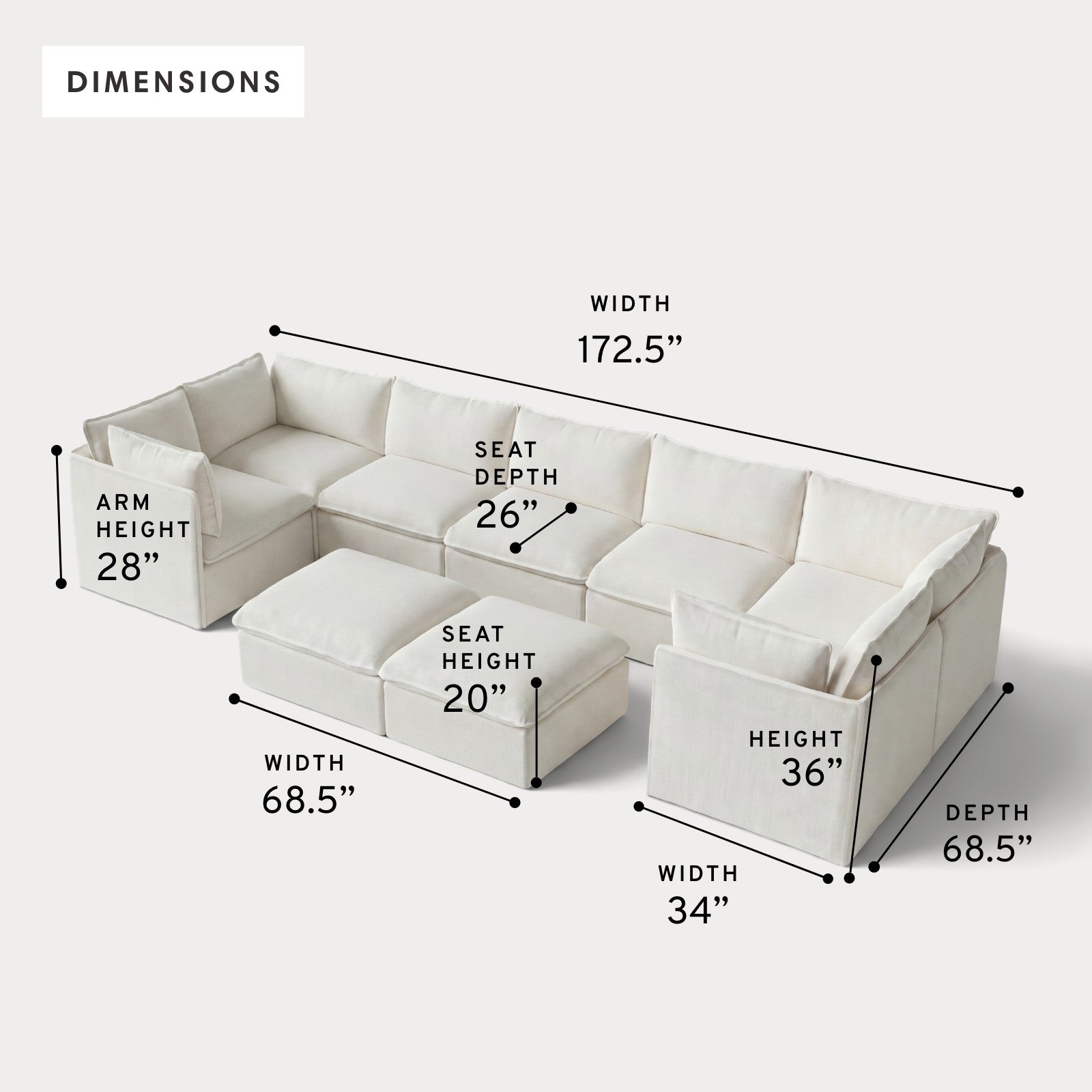 Modular Outdoor Washable 7-Seater U-Sectional + Bench Ottoman | Classic Canvas in Cloud